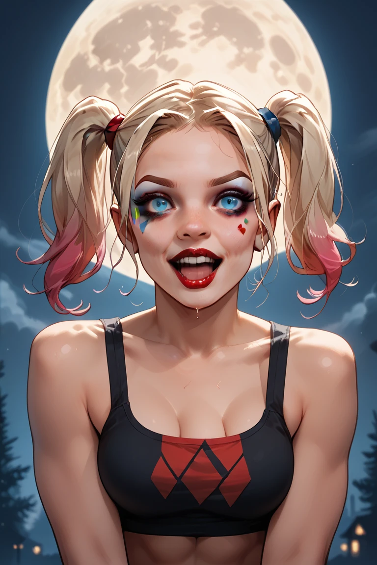 Harley Quinn transforming into a lovecraftian werewolf under the full moon. BREAK Mid-transformation