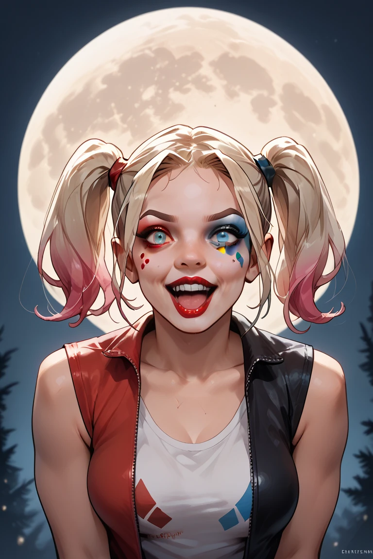 Harley Quinn transforming into a lovecraftian werewolf under the full moon. BREAK Mid-transformation