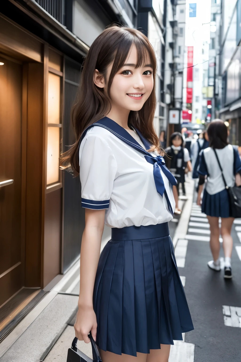 (highest quality,masterpiece:1.3,Ultra-high resolution),(Very detailed、Caustics) (Photorealistic:1.4, RAW shooting、)Ultra-Realistic Capture、very detailed、Natural skin texture、masterpiece、( high school sailor uniform:1.3)、short sleeve sailor suit、1 Japanese girl、adorable expression、expression of happiness、14 yea Face、Amazingly cute、Shortcuts、Black Hair、necklace、light makeup、Big breasts that look like they&#39;re about to burst、Bare arms、This photo was taken on a sidewalk in a neon-lit town at night.、Shining thighs、Shooting from the side、Smile、Don&#39;t show your teeth、inviting gaze、The exact number of fingers on both hands、