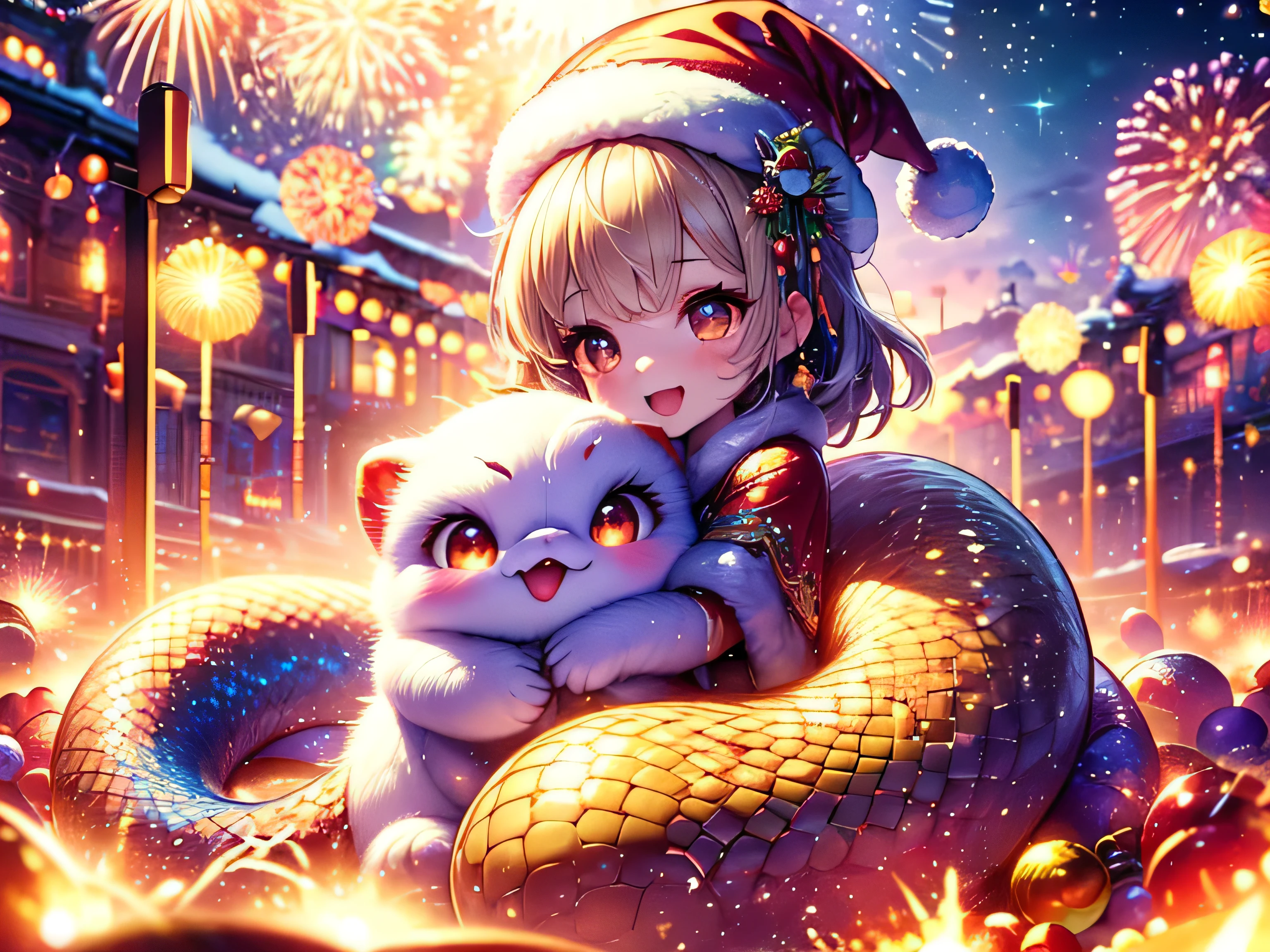 Magical Fantasy Creature, (Best Quality, Masterpiece, Representative Work, Official Art, Professional, Super Detailed, 8k:1.3), (Photorealism:1.2) Hyperrealistic fantasy art. Medium shot. Highly textured, hyperrealistic 3D render, Super Cute, A very cute little snake, curved in an "S" shape, with brightly colored scales. It wears a Santa hat on its head, giving it a playful and festive look. The snake sits on a snowy surface, its head raised, looking with delight at the sparkling fireworks exploding in the Christmas sky. The snake's eyes are large and full of admiration, reflecting the lights of the fireworks. in a bright and cheerful illustration style, with an emphasis on the cute features of the snake. rich and cheerful colors for the scales: a combination of green, red and white. The fireworks should be bright and varied, including gold and silver tones, creating a festive atmosphere. Convey a sense of joy and magic. The snake should look happy and excited, so that the viewer feels the atmosphere of the New Year holiday and magic. The background should be a night sky filled with bright fireworks that sparkle and develop in various shapes. Add snowdrifts and a few decorated Christmas trees to create a cozy and festive atmosphere. Soft focus with a soft volumetric glow. Gouves style artwork, Realism: 1.37, (super fine fantasy art), Masterpiece, high quality design and accurate physics, (super accurate fantasy style)) art, dark fantasy style)), super accurate design and accurate physics), color, depth of field, shadows, ray tracing, (accurate simulation of the interaction of light and materials)], intricate Christmas decorations, glowing garlands, sparkling ornaments, natural light, soft background, photorealistic, sparkling eyes, sharp focus, glowing skin, cute and mischievous look, hint of mischief, dreamy atmosphere, super glossy effect, fine details, soft ambient light, (Backlight: 1.3), (Cinematic: 1.2), intricate details, (ArtStation: 1.3)