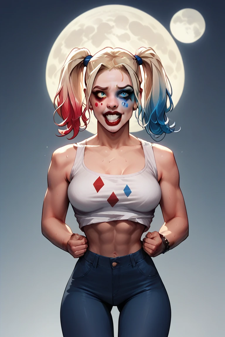 Harley Quinn transforming into a lovecraftian werewolf under the full moon. BREAK Mid-transformation