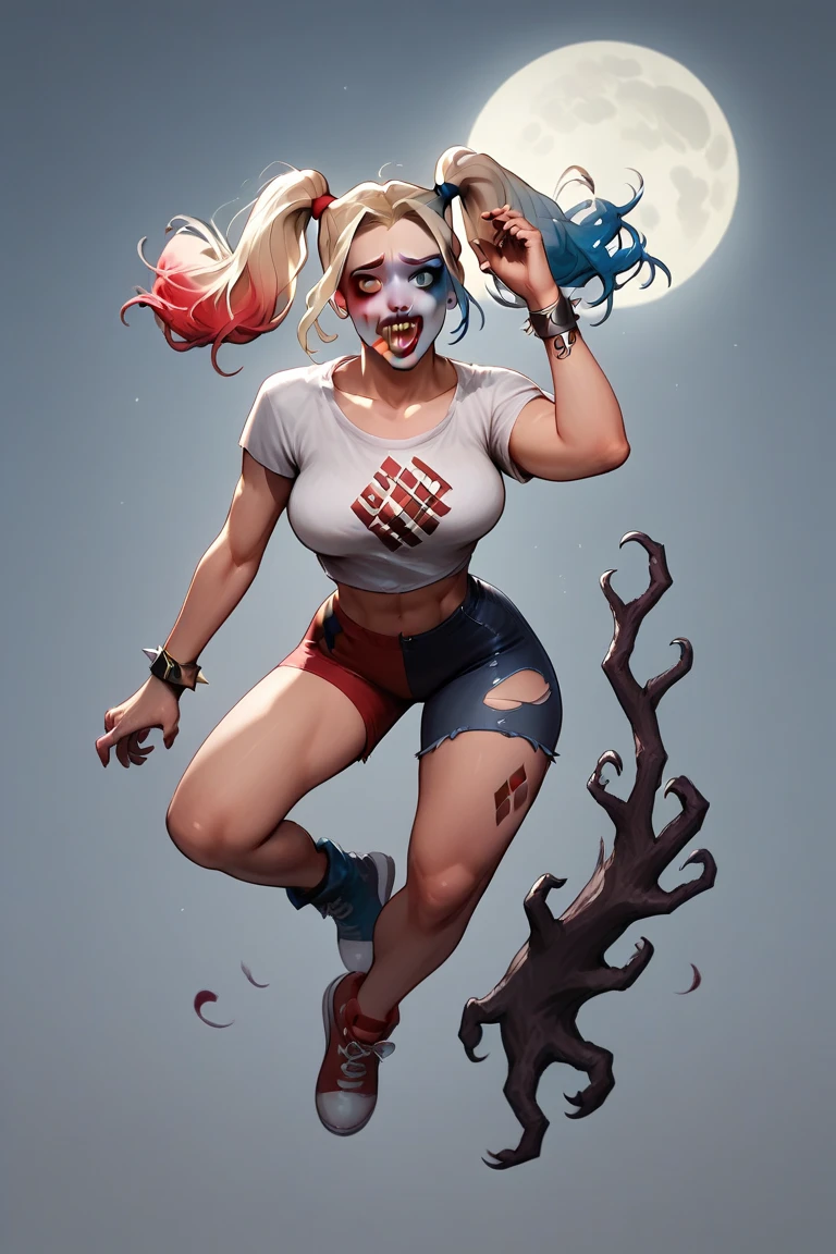 Harley Quinn transforming into a lovecraftian werewolf under the full moon. BREAK Mid-transformation