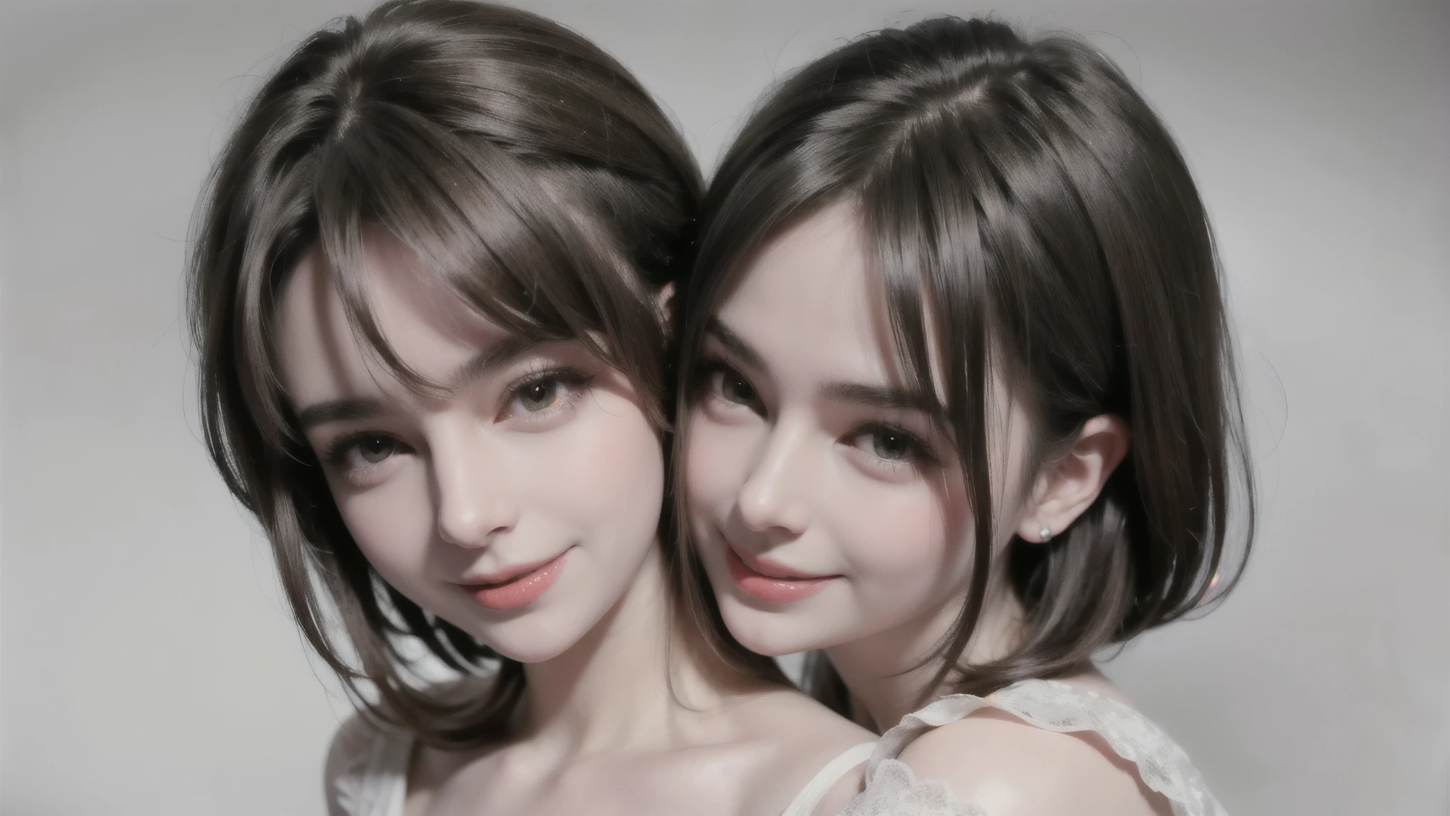 Two people facing each other face to face、Hug each other tightly、Two people hugging and kissing、lilie、lesbian、lesbian、Lesbian couple、lesbian、Two cute pretty girls、​masterpiece、highest  quality、realisticlying、realisitic、Seductive bright smile、short clean hair with bangs、Loose business shirt、enticing eyes、(cleavage of the breast)、(Pure white background with really nothing from floor to ceiling)、(28 year old）、extremely detaile、tall、neck long、Straighten your back、Put your ears out、Highlights in the eyes、lipgloss、glowy skin、White-colored skin、Clean collarbone、closes mouth、Happily、Nice proportions、lovely、Adorable、Two people kissing