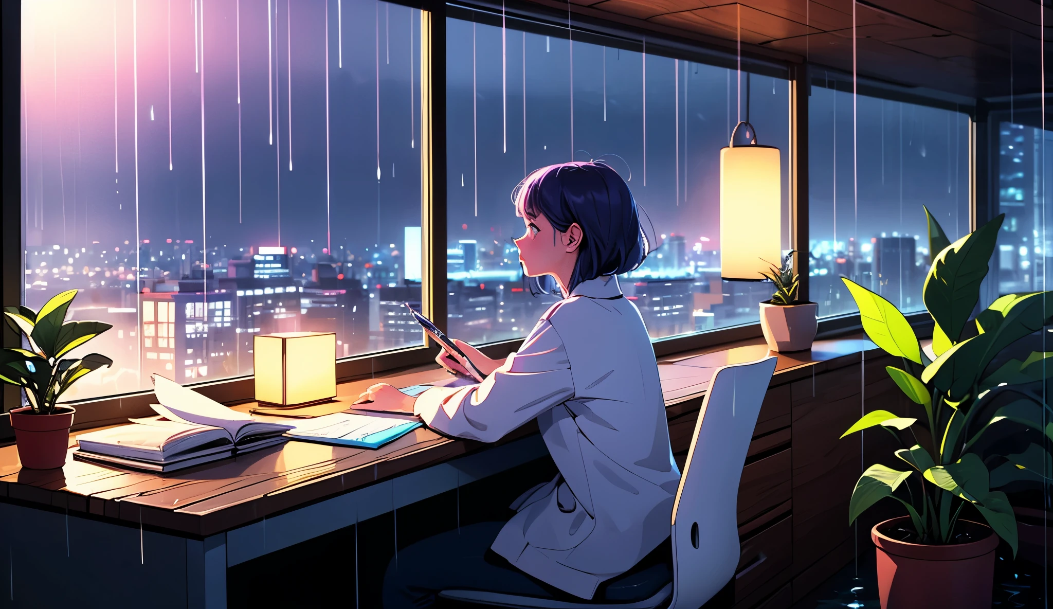 A cozy bedroom illuminated by soft neon lights in shades of purple and blue, creating a calm and introspective atmosphere. A young woman sits at her wooden desk, surrounded by small potted plants and an open notebook. She’s writing letters with a vintage fountain pen, her handwriting elegant and precise. Rain gently taps against the window, with streaks of water running down the glass. Outside, the faint glow of city lights contrasts with the dark, rainy night. A steaming cup of tea rests beside her, and the sound of soft lo-fi music plays in the background, blending harmoniously with the patter of rain.