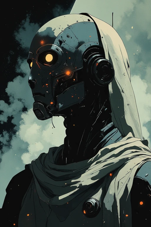 Off-center composition, wide-angle with the subject facing away. The image is a close-up of a dark and eerie scene. The focal point is a humanoid robot with a sleek yet battle-worn metallic face, reminiscent of Cayde-6 from Destiny. His faceplate is smooth and expressive, with glowing, vibrant eyes that emit a soft, mysterious light. The metal plating on his face and body has scratches and dents, giving him a rugged, experienced look.

His head is slightly tilted, as if lost in contemplation, and his synthetic features convey a sense of emotion despite his robotic nature. His long, tattered hood drapes over his shoulders, partially blending with the dense fog that surrounds him. His body is partially obscured by a large white veil, adding an ethereal contrast to his mechanical form.

The background is dark and melancholic, with a faint beam of light piercing through the mist, enhancing the eerie and mysterious atmosphere. The scene feels cinematic, with dramatic lighting highlighting the reflections on his metallic surfaces.

The artwork follows an anime-inspired style with dark and dim lighting, influenced by the works of Makoto Shinkai and the horror illustrations of John Kenn Mortensen. The style blends dark, whimsical elements, post-it note art aesthetics, and fantasy-driven eerie designs. The composition is highly detailed and vibrant, evoking the aesthetics of graphic novels, comic book art, and key visual anime productions. The robot’s design is sleek yet weathered, capturing a mix of futuristic sci-fi and mystical themes