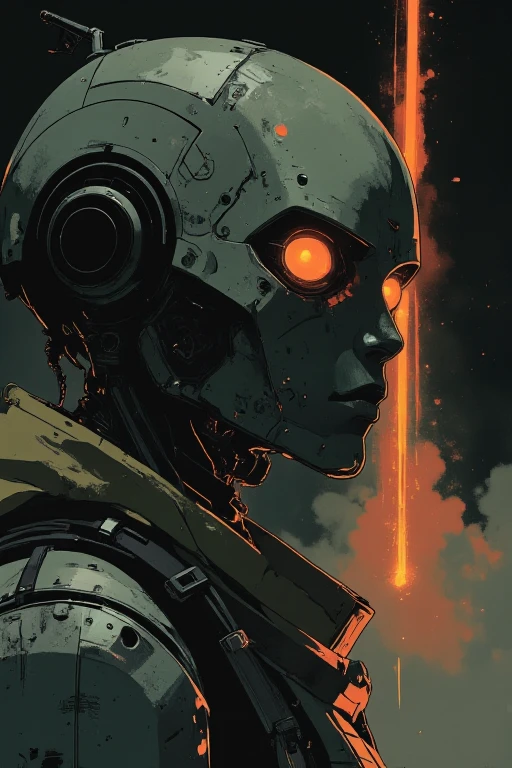 Off-center composition, wide-angle with the subject facing away. The image is a close-up of a dark and eerie scene. The focal point is a humanoid robot with a sleek yet battle-worn metallic face, reminiscent of Cayde-6 from Destiny. His faceplate is smooth and expressive, with glowing, vibrant eyes that emit a soft, mysterious light. The metal plating on his face and body has scratches and dents, giving him a rugged, experienced look.

His head is slightly tilted, as if lost in contemplation, and his synthetic features convey a sense of emotion despite his robotic nature. He wears a tactical, futuristic armored outfit, composed of reinforced plating, utility straps, and a high-tech fabric hood that partially covers his head. His posture is relaxed yet imposing, standing with a quiet intensity.

The background is dark and melancholic, with a faint beam of light piercing through the mist, enhancing the eerie and mysterious atmosphere. The scene feels cinematic, with dramatic lighting highlighting the reflections on his metallic surfaces.

The artwork follows an anime-inspired style with dark and dim lighting, influenced by the works of Makoto Shinkai and the horror illustrations of John Kenn Mortensen. The style blends dark, whimsical elements, post-it note art aesthetics, and fantasy-driven eerie designs. The composition is highly detailed and vibrant, evoking the aesthetics of graphic novels, comic book art, and key visual anime productions. The robot’s design is sleek yet weathered, capturing a mix of futuristic sci-fi and mystical themes