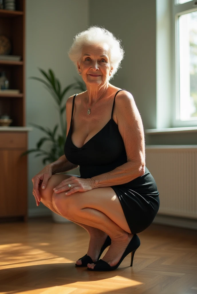 Mature old woman 80 years with silver hair, plus size, old face and body with many wrinkles, smiling, loose skin, she smiling, posing in front of the wall, sitting on the chair, She wearing tight red bodycon dress, large neckline and lace stockings and glasses, jaw dropping mature older beauty, old face and body with wrinkles, legs are visible, old face, attractive grandma, a gorgeous old long hair, beautiful old grandma, lovely older mature grandma, gorgeous beautiful grandma over 80 years old, beautiful silver long hair grandma, beautiful detailed body and face, a beautiful old granny
