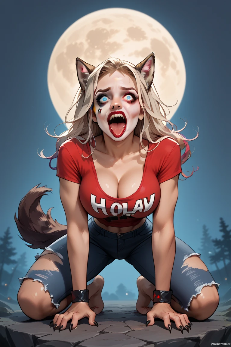 Harley Quinn transforming into a lovecraftian werewolf under the full moon. BREAK Mid-transformation BREAK (transformation:1.5), wolf ears, wolf tail, wolf paws, wolf claws, wolf fur, wolf teeth, wolf tongue, three perky large breasts, ripped clothing, on her knees, howling up at the moon