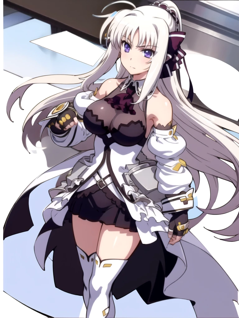 big breasts beautiful, Young woman, In the crystal and ice zone, drifting snow, White hours, Gradient hair, White hair, white hairs, twintail hair, eyes reflection, disdain, Ray traching, reflective light, blurry, Glowing light, depth of fields, lightand shade contrast, stereograms, zoom layer, cowboy lens, f/2.8, Bokeh, tmasterpiece, best qualtiy, high qulity, k hd,White stockings