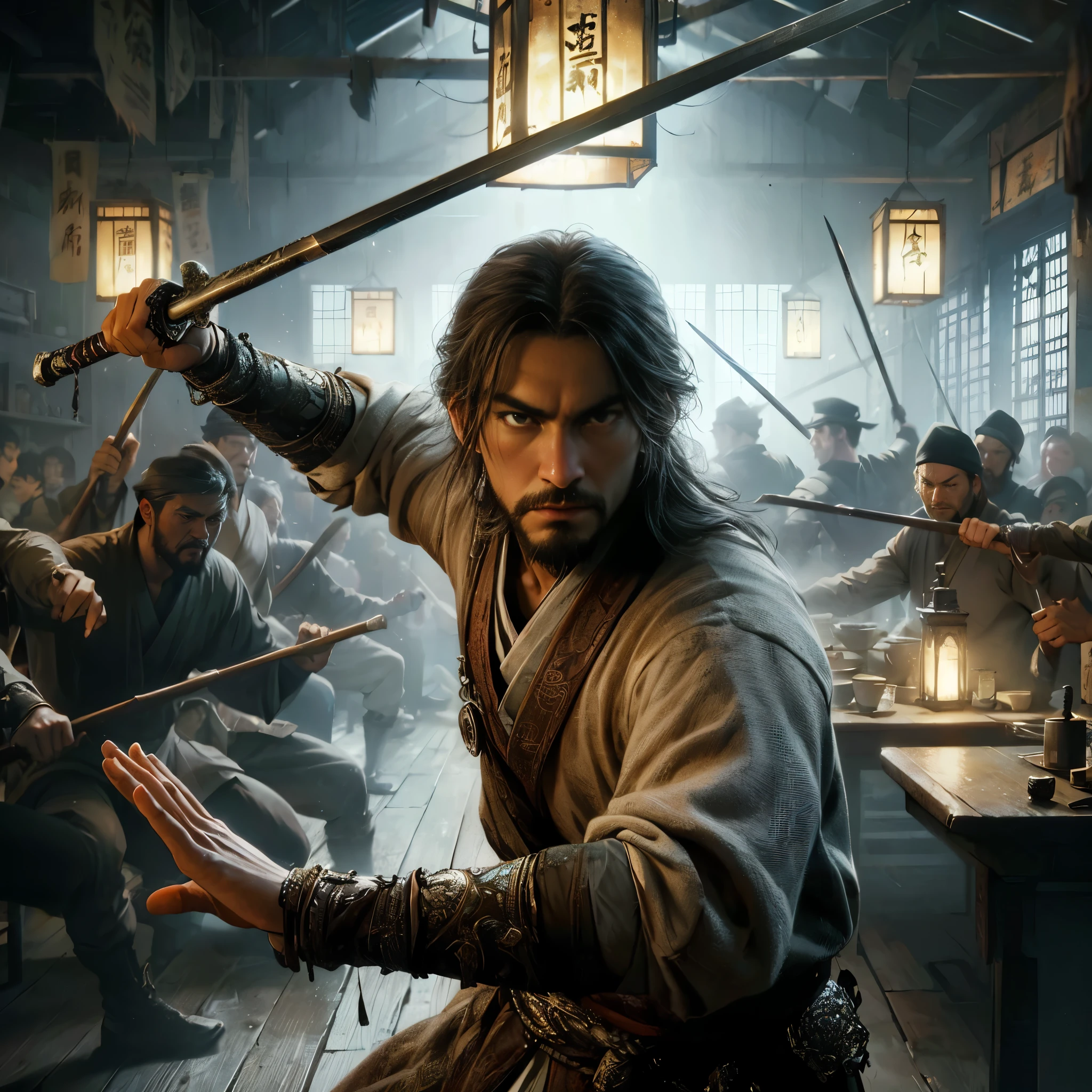 (Masterpiece:1.0), (Best Quality:1.0), (amazing quality:1.0), (sharpest focus:1.0), (Ultra-realistic Photo:1.0), (Ultra-precise Photo:1.0), (Depth of field:1.0), (super fine:1.0), (16k:1.0), (incredibly absurdres:1.0), 
(extremely detailed:1.0), (delicate and dynamic:1.0), (very aesthetic:1.0), (absurdres:1.0), (beautiful face and eye:1.2), (perfect anatomy:1.2), (fighting with a soldier:1.2), 
(holding a short bludgeoning weapon in both hands that looks like a sword with a thick metal square bar without a blade:1.2), (holding a weapon in both hands:1.2), 
(Very tall, pale Chinese man of 30 years of age, shabbily dressed:1.2), (Tall young master of a lively poor bar in Song dynasty China:1.2), (Inside a very luxurious landowner's house:1.2), (Pale complexion:1.2), (Majestic stance with arms raised in the air:1.2), 