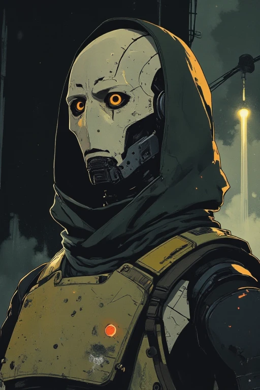 Off-center composition, wide-angle with the subject facing away. The image is a close-up of a dark and eerie scene. The focal point is a humanoid robot with a sleek yet battle-worn metallic face, reminiscent of Cayde-6 from Destiny. His faceplate is smooth and expressive, with glowing, vibrant eyes that emit a soft, mysterious light. The metal plating on his face and body has scratches and dents, giving him a rugged, experienced look.

His head is slightly tilted, as if lost in contemplation, and his synthetic features convey a sense of emotion despite his robotic nature. He wears a tactical, futuristic armored outfit, composed of reinforced plating, utility straps, and a high-tech fabric hood that partially covers his head. His posture is relaxed yet imposing, standing with a quiet intensity.

The background is dark and melancholic, with a faint beam of light piercing through the mist, enhancing the eerie and mysterious atmosphere. The scene feels cinematic, with dramatic lighting highlighting the reflections on his metallic surfaces.

The artwork follows an anime-inspired style with dark and dim lighting, influenced by the works of Makoto Shinkai and the horror illustrations of John Kenn Mortensen. The style blends dark, whimsical elements, post-it note art aesthetics, and fantasy-driven eerie designs. The composition is highly detailed and vibrant, evoking the aesthetics of graphic novels, comic book art, and key visual anime productions. The robot’s design is sleek yet weathered, capturing a mix of futuristic sci-fi and mystical themes