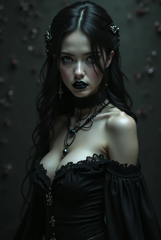 draw a girl with black long hair, dark green eyes, with a short straight fringe, thin eyebrows and in a transparent latex dress, a cross necklace around the neck.