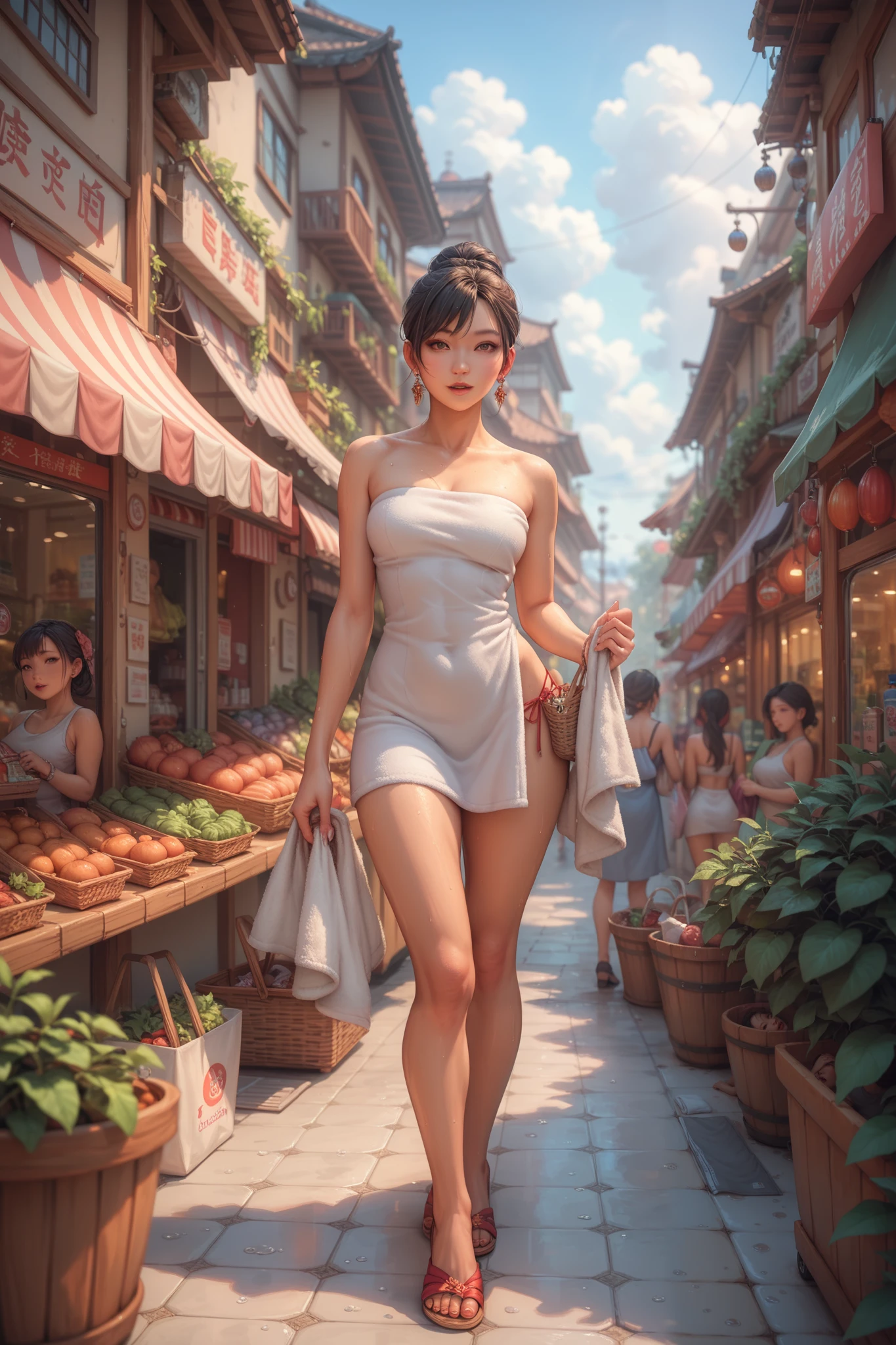 sfw:2,Asian woman in bathroom wearing towel, shopping in crowded street market, surrounded by women