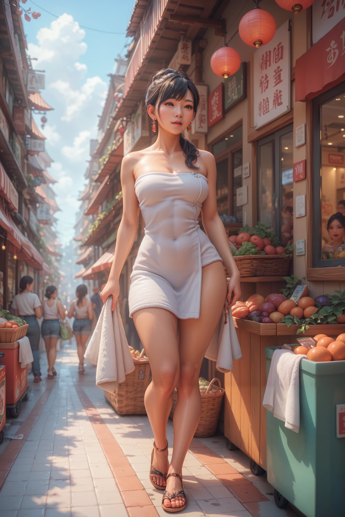 (whole body:1.5),octane rendering, 8K, best quality, masterpiece, backlit scene, single light,illustration, extremely delicate and beautiful, detailed,extremely detailed,CG,Unite,wallpaper,Astonishing, fine details, realistic art: 1.2 ,masterpiece, best quality, official art, extremely detailed CG Unite 8K wallpaper,1 girl, , standing on street in front of department store, hands behind back , facing away from camera, looking up, skinny body,  talking, animated facial expression,  green eyes, dark brown hair, widows peak, pretty symetrical face, shiny wet skin, pale complexion, thin waist, narrow hips, long legs, skinny body, small breasts, , Realistic photos, (hiqcgbody) ,perfect female figure, 