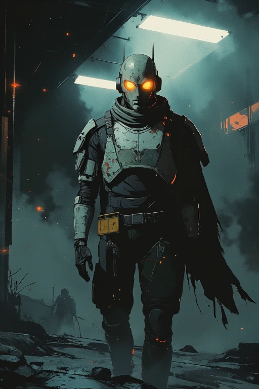 Off-center composition, wide-angle with the subject facing away. The image is a close-up of a dark and eerie scene. The focal point is a humanoid robot with a sleek yet battle-worn metallic face, reminiscent of Cayde-6 from Destiny. His faceplate is smooth and expressive, with glowing, vibrant eyes that emit a soft, mysterious light. The metal plating on his face and body has scratches and dents, giving him a rugged, experienced look.

His head is slightly tilted, as if lost in contemplation, and his synthetic features convey a sense of emotion despite his robotic nature. He wears a tactical, futuristic armored outfit, composed of reinforced plating, utility straps, and a high-tech fabric hood that partially covers his head. His posture is relaxed yet imposing, standing with a quiet intensity.

The background is dark and melancholic, with a faint beam of light piercing through the mist, enhancing the eerie and mysterious atmosphere. The scene feels cinematic, with dramatic lighting highlighting the reflections on his metallic surfaces.

The artwork follows an anime-inspired style with dark and dim lighting, influenced by the works of Makoto Shinkai and the horror illustrations of John Kenn Mortensen. The style blends dark, whimsical elements, post-it note art aesthetics, and fantasy-driven eerie designs. The composition is highly detailed and vibrant, evoking the aesthetics of graphic novels, comic book art, and key visual anime productions. The robot’s design is sleek yet weathered, capturing a mix of futuristic sci-fi and mystical themes