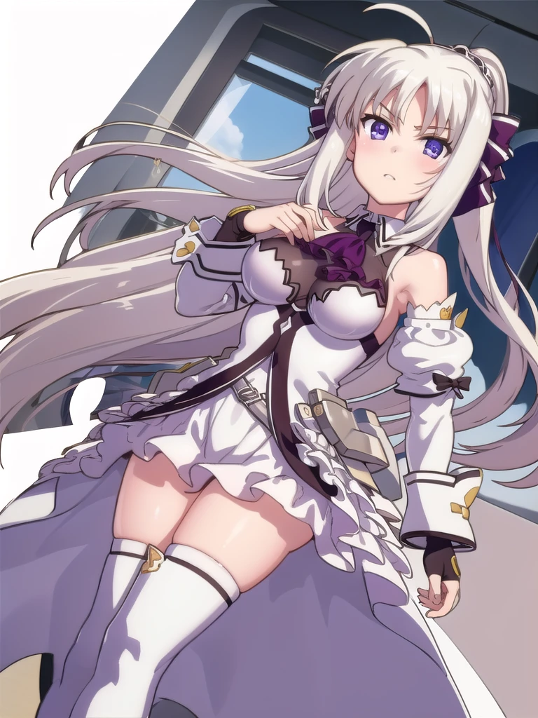 ninym ,masterpiece, glowing light,small breasts, perfect lighting,  looking at viewer, 1girl, mature female,cowboy shot,thighs, white hair,gradient hair,red eyes, gradient eyes, glowing eyes,  black thighhighs, thigh straps, white shirt, black bowtie, white gloves, ahoge, purple sleeves, (simple background), white background, gradient background, light smile, crossed arms, sitting, crossed legs