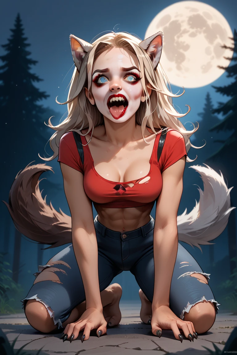 Harley Quinn transforming into a lovecraftian werewolf under the full moon. BREAK Mid-transformation BREAK (transformation:1.5), wolf ears, wolf tail, wolf paws, wolf claws, wolf fur, wolf teeth, wolf tongue, three perky medium breasts, ripped clothing, on her knees, howling up at the moon