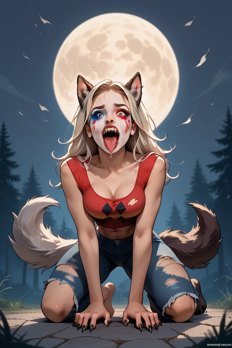 Harley Quinn transforming into a lovecraftian werewolf under the full moon. BREAK Mid-transformation BREAK (transformation:1.5), wolf ears, wolf tail, wolf paws, wolf claws, wolf fur, wolf teeth, wolf tongue, three perky medium breasts, ripped clothing, on her knees, howling up at the moon