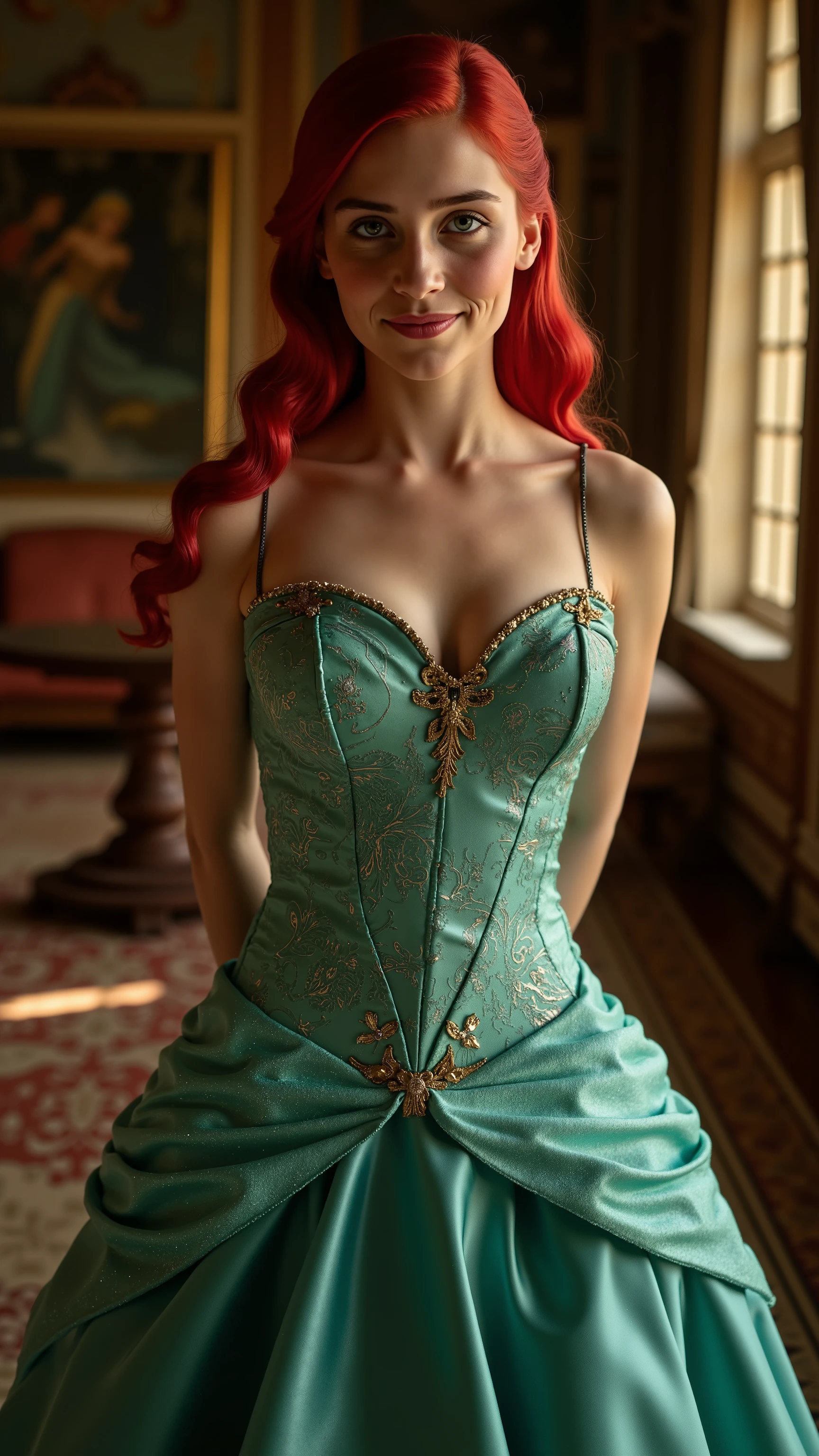 Very Close-up high angle portrait  with a fish eye lens of a busty figure, a   in a ariel costume with her breasts bursting out of the bodice, the bodice is too small for her breasts, ornate ball gown, ((18 years old with tiny breasts; Disney princess Ariel costume; glued to the body; beautiful and elegant; tiny breasts; red hair swept to the side))) and piercing gaze, standing in a dimly lit palace room with ornate designs and a high ceiling, with just a hint of early morning sunlight peeking through the windows. She stands firm, hands clasped behind her back, as she gives a slight  smile. The lighting in the room is dim with a lot focus on her tiny breasts