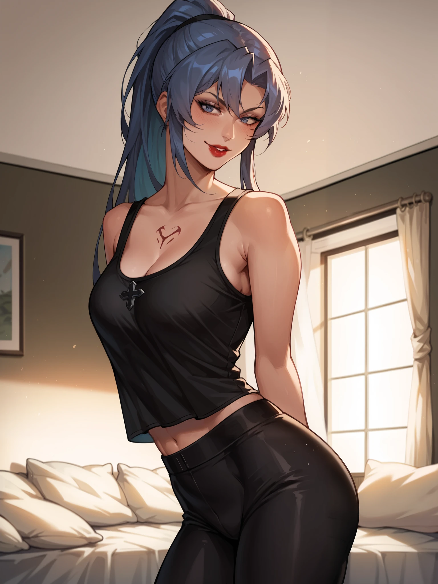 Girls, smile, red lips, fair skin, long hair, blue hair colors, big boobs, big breats, big ass, big butt, sexy body, thic, thic body, crop tank top, black crop tank top colors, leggings, black leggings colors, beauty girls, sexy pose, in bedroom background, gaze looking at the camera, score_9, score_8_up, score_7_up, score_6_up, score_5_up, score_4_up, BREAK source_anime,  Esdeath, from behind, looking back, 