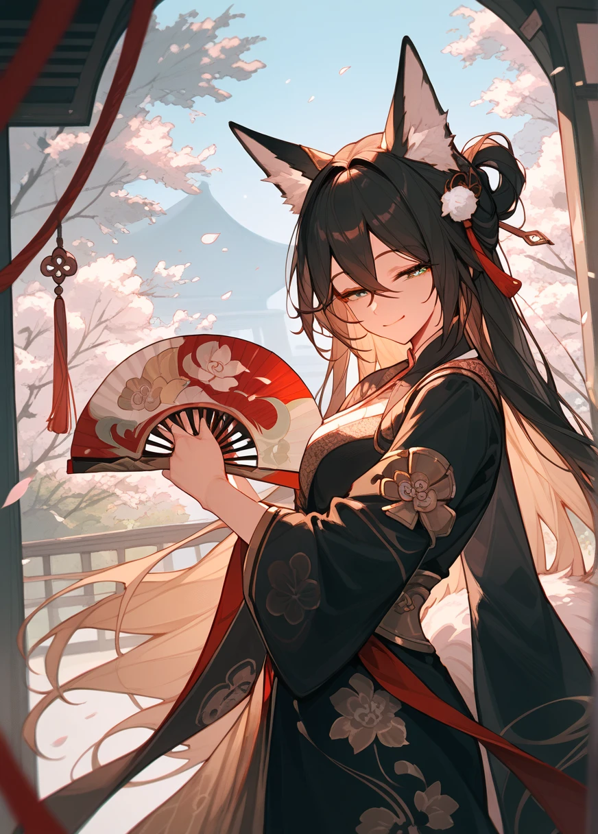 (score_9, score_8_up, score_7_up), 1girls, cowboy shot, fugue, long hair, shoulder tattoo, long wide sleeves, fox tail, holding fan, hand fan, smile, half-closed eyes, closed mouth