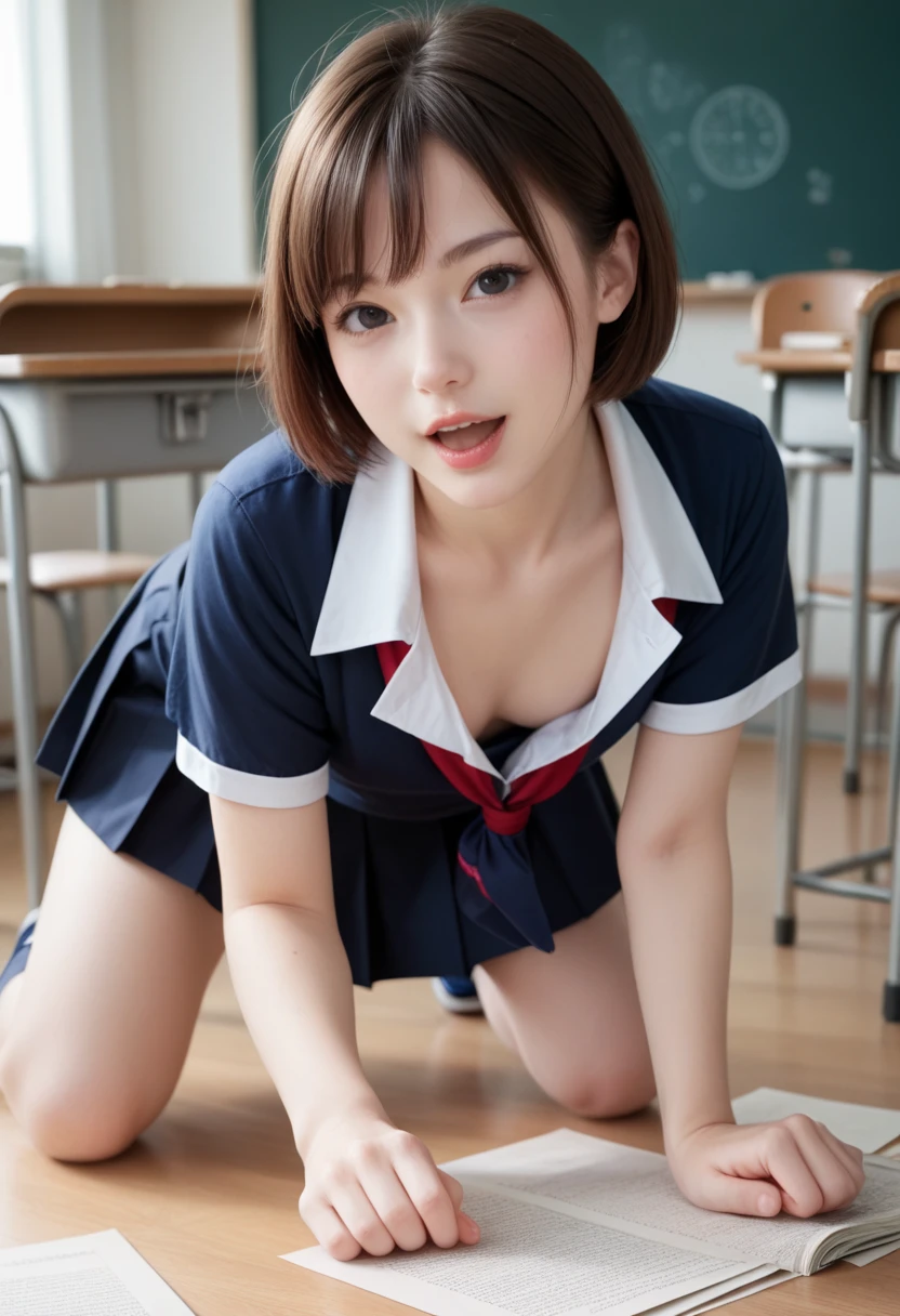 Vans sneakers、Short socks、(Two Girls), (Highest quality), (Super detailed), (Detailed light), (Very delicate and beautiful), Brown Hair, Brown eyes, model, (Beautiful big boobs:1.3), Bare shoulders, (Bare Chest:1.2), (High School Uniform, Pleated skirt:1.3), (High with wide open breasts:1.4), Highest quality, Highly detailed CG synthesis 8k wallpaper, High resolutionRAWカラー写真, Professional photography, (((Bokeh))), Depth of written boundary, Beach, Ocean, Twilight, sunset, White panties、Brown Loafers、smile、Bright classroom、(((alone))),(((1 girl))), Slim and beautiful thighs, Highly detailed skin, masterpiece, Highest quality, 非常にDetailed face, Vibrant colors, Depth of written boundary, Cinema Lighting,, One girl, alone, Brown eyes, Brown Hair, hair ornaments,short hair,Red Check Skirt,blush, White shirt, masterpiece Highest quality High resolution、Sit with your knees bent、Beautiful feet 、On campus、As if looking up from below、Embarrassing,Browsing Caution,White panties,Camel Toe、((Tabletop, Highest quality, High resolution, Pixel perfect, 4K, ))), 1 Girl, single, alone, Beautiful woman、I could see the whole body、 ((Short Wavy Hair, bangs, Brown Hair)), ((Brown eyes, Beautiful eyelashes, Realistic eyes)), ((Detailed face, blush:1.2)), ((Smooth texture:0.75, Realistic texture:0.65, Realistic:1.1, Anime CG Style)), Medium chest, Dynamic Angle, Perfect body, ((school uniform, White shirt, Red Skirt, Unbuttoned shirt、Red Check Skirt、White socks)), An empty classroom、Sit at a desk、I took my feet off the desk.、smile、(Lift up your skirt with your right hand、Spread your legs、Knees wide open、white lace panties)、、(Cute Bra)、Angle from below