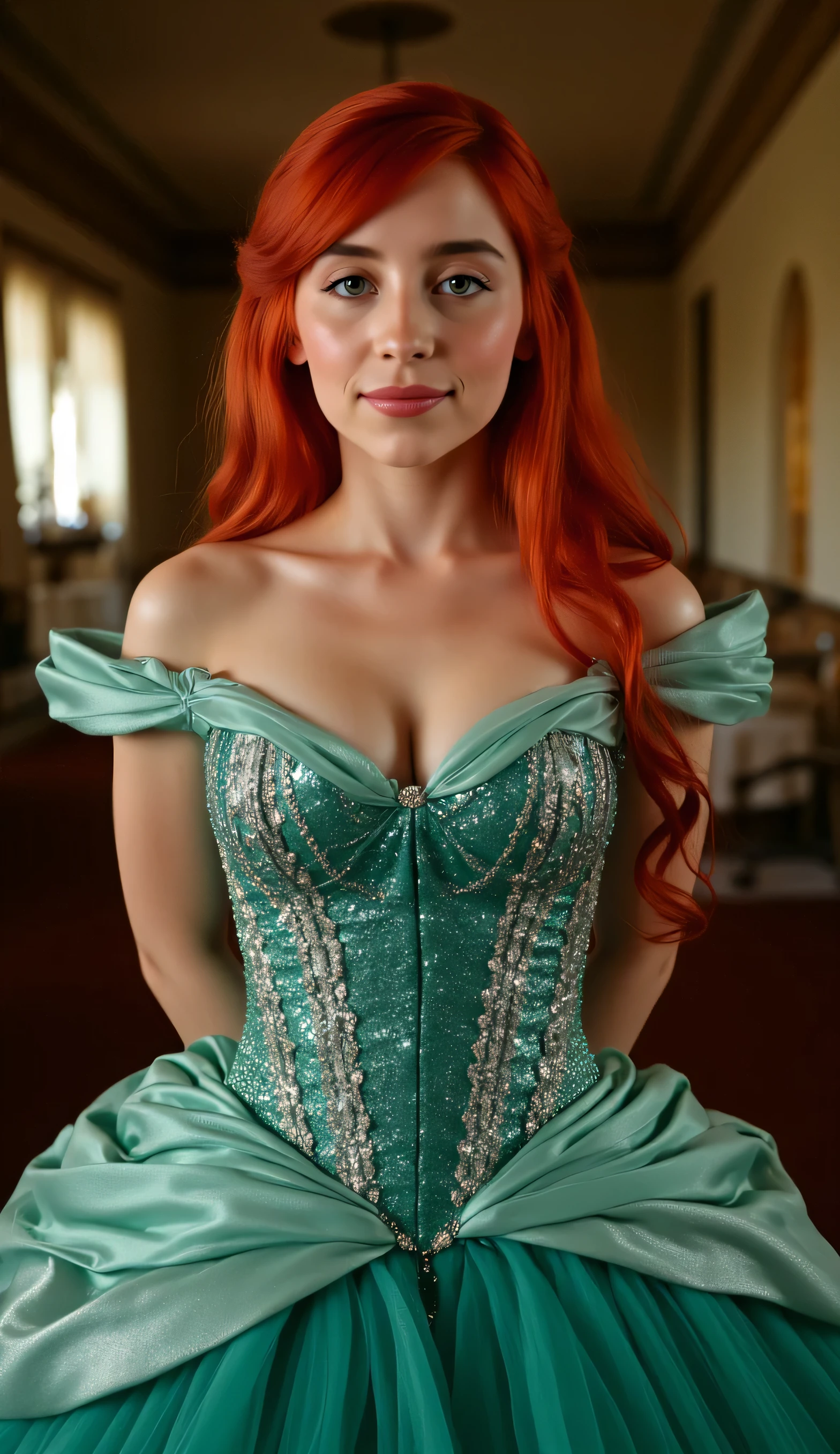 Very Close-up high angle portrait  with a fish eye lens of a busty figure, a young teen  in a ariel costume with her breasts bursting out of the bodice, the bodice is too small for her breasts, ornate ball gown, ((18 years old with tiny breasts; Disney princess Ariel costume; glued to the body; beautiful and elegant; tiny breasts; red hair swept to the side))) and piercing gaze, standing in a dimly lit palace room with ornate designs and a high ceiling, with just a hint of early morning sunlight peeking through the windows. She stands firm, hands clasped behind her back, as she gives a slight  smile. The lighting in the room is dim with a lot focus on her tiny breasts