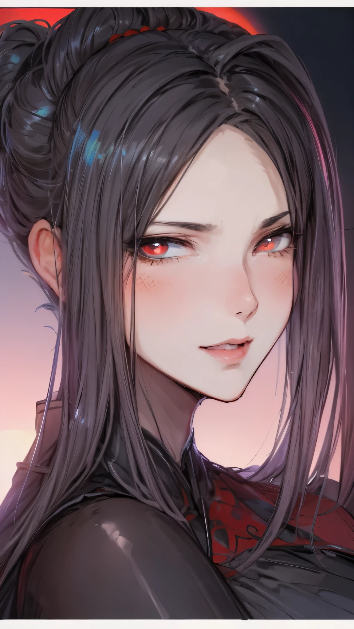 professional artwork, complex parts, field of view, Sharp Focus, Detailed painting, Photorealistic lighting, Trends on Pixiv, standing, Side_orgasm, long black hair, sleek low bun, voluminous hair, red eyes, draw up, 20 years, mature woman, pale skin, Beautiful fingers, Beautiful long legs, beautiful body, Beautiful nose, Beautiful character design, perfect detail eyes, perfect face, look at the viewer, formal art, extremely detailed CG Unity 8k wallpaper, perfect lighting, colorful, bright_FRONT_face_Light masterpiece: 1.0), (Best_Quality: 1.0), сверхa high resolution, Ultra detail, Hyper detail, photographic, 8K, HDR, a high resolution, absurd: 1.2, Kodak Portrait 400, granularity , blurred background, hips: 1.2, highlight correctly_color: 1.2) (Beautiful, big_pectoral muscles: 1.4), (Beautiful_face: 1.5), (narrow_waist), (solo: 1.4), ( (Upper body, half of the body:1,4) ), sort, against the background of the night sky, blood moon in the sky,
