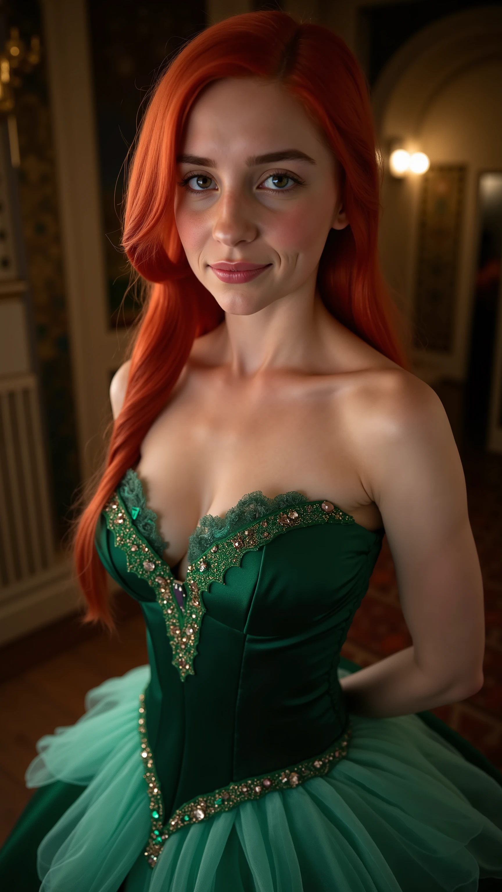 Very Close-up high angle portrait  with a fish eye lens of a busty figure, a young teen  in a ariel costume, ornate ball gown, ((18 years old with tiny breasts; Disney princess Ariel costume; glued to the body; beautiful and elegant; tiny breasts; red hair swept to the side))) and piercing gaze, standing in a dimly lit palace room with ornate designs and a high ceiling, with just a hint of early morning sunlight peeking through the windows. She stands firm, hands clasped behind her back, as she gives a slight  smile. The lighting in the room is dim with a lot focus on her tiny breasts