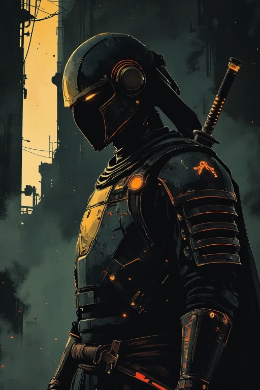 The image is a close-up of a dark and eerie scene with an off-center composition and wide-angle perspective. The focal point is a samurai, standing in a relaxed yet imposing posture. His armor is a unique blend of traditional samurai aesthetics and futuristic elements, featuring dark metallic tones with glowing accents. The intricate designs of his armor catch the faint light, highlighting the battle-worn look and resilience of the warrior. The samurai’s face is partially obscured by a helmet with a sleek, high-tech design, combining ancient craftsmanship with a modern, otherworldly twist.

He holds a katana, the blade faintly glowing with an ethereal energy, resting by his side. His posture is stoic, conveying both strength and contemplation, as if he is deep in thought or awaiting something. A fabric hood partially covers his head, enhancing the mysterious aura surrounding him.

The background is dark and melancholic, with a faint beam of light piercing through the mist, casting a soft glow on the samurai’s figure. The atmosphere is eerie, with dramatic lighting accentuating the reflections on his armor and the subtle details of his sword. The entire scene evokes a sense of quiet intensity and ancient honor, set against a backdrop of futuristic, dystopian ambiance.

The artwork follows an anime-inspired style with dark and dim lighting, influenced by the works of Makoto Shinkai and the eerie, atmospheric illustrations of John Kenn Mortensen. The composition is highly detailed and vibrant, blending dark, whimsical elements with fantasy-driven, eerie designs. The samurai’s appearance embodies a fusion of ancient traditions and futuristic sci-fi, creating a mystical and haunting presence