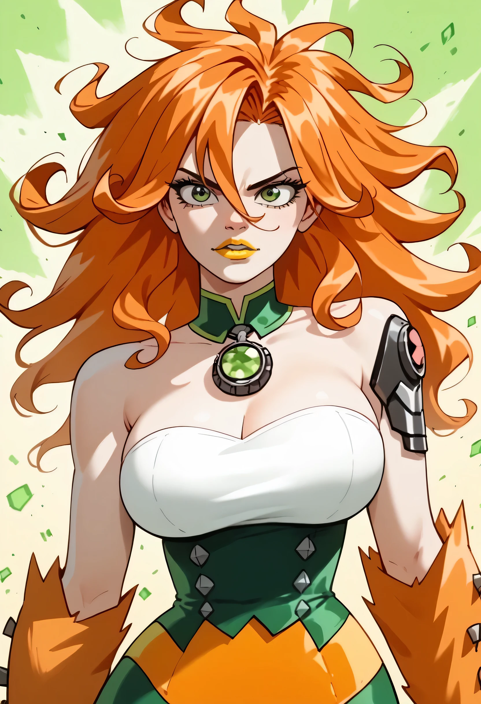 woman, big breasts, yellow lipstick, anime style, orange hair, beast, strong, white skin, loose hair, spiky hair, long hair, green eyes, wild, fierce, Wildmutt, Vulpimancer