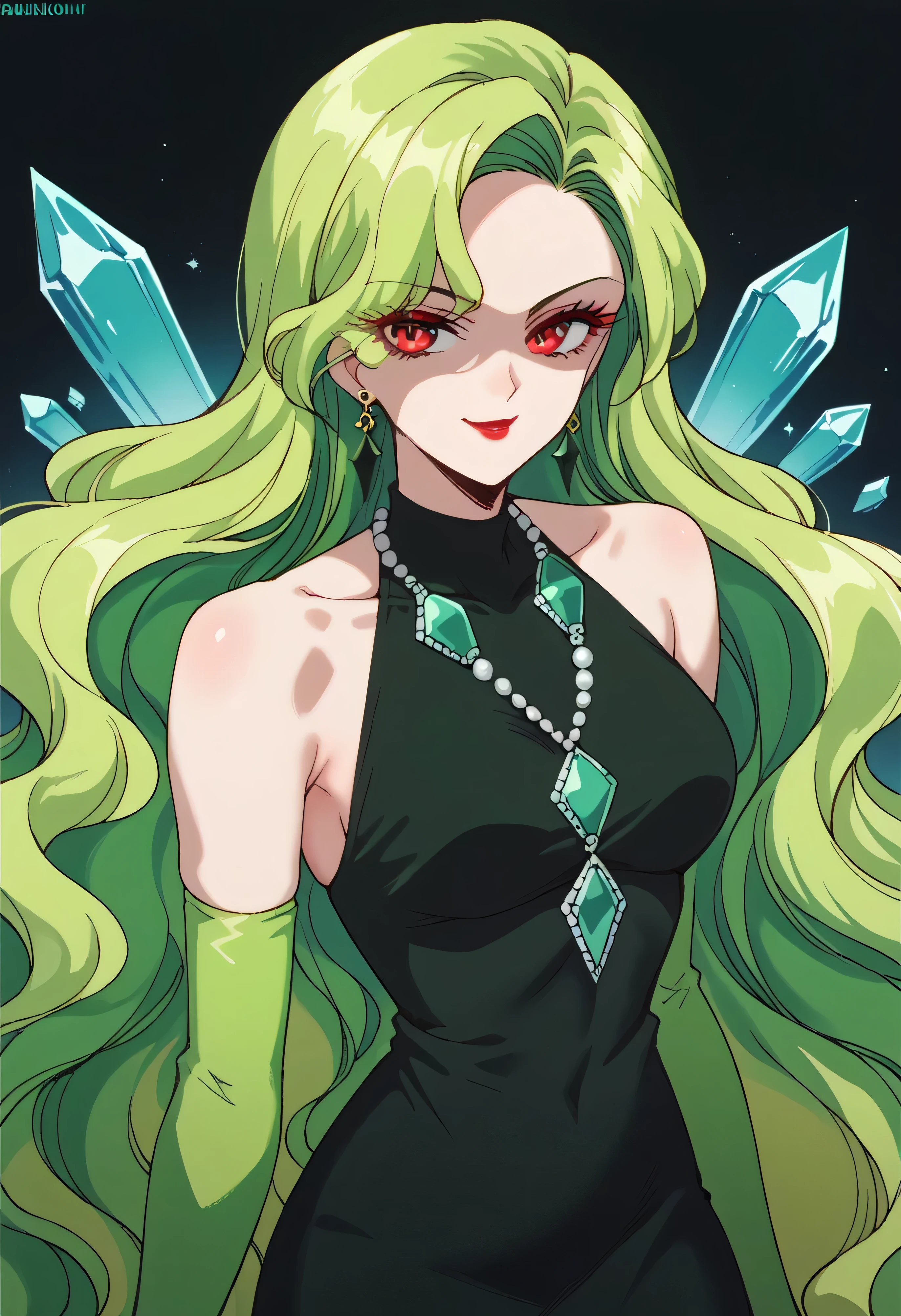 1 girl, cute face, green hair, very long hair, wavy hair, alone, gloves, red lipstick, makeup, elbow-length gloves, eye shadow, bare shoulders, black dress, gem necklace,black crystal earrings, black mist background,very evil smirk,Shaded face(eyes in shadow)