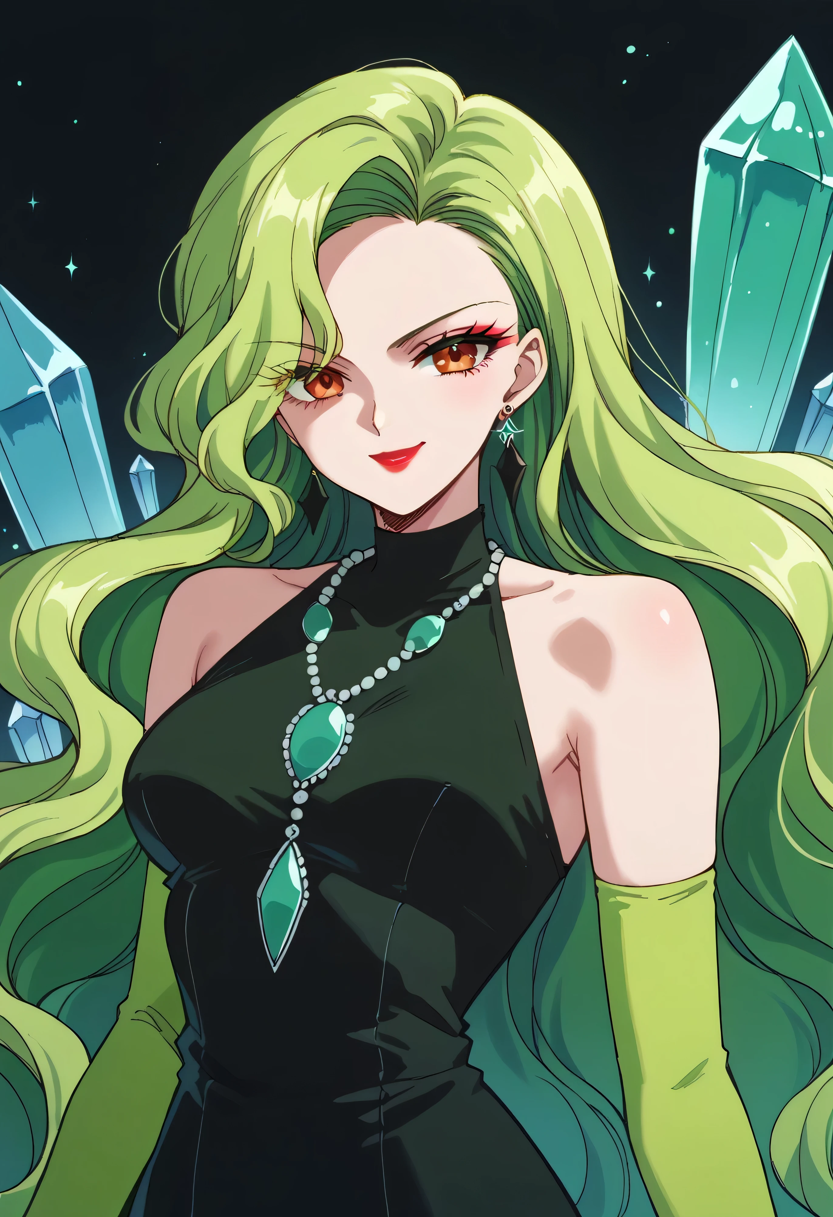 1 girl, cute face, green hair, very long hair, wavy hair, alone, gloves, red lipstick, makeup, elbow-length gloves, eye shadow, bare shoulders, black dress, gem necklace,black crystal earrings, black mist background,very evil smirk,Shaded face(eyes in shadow)