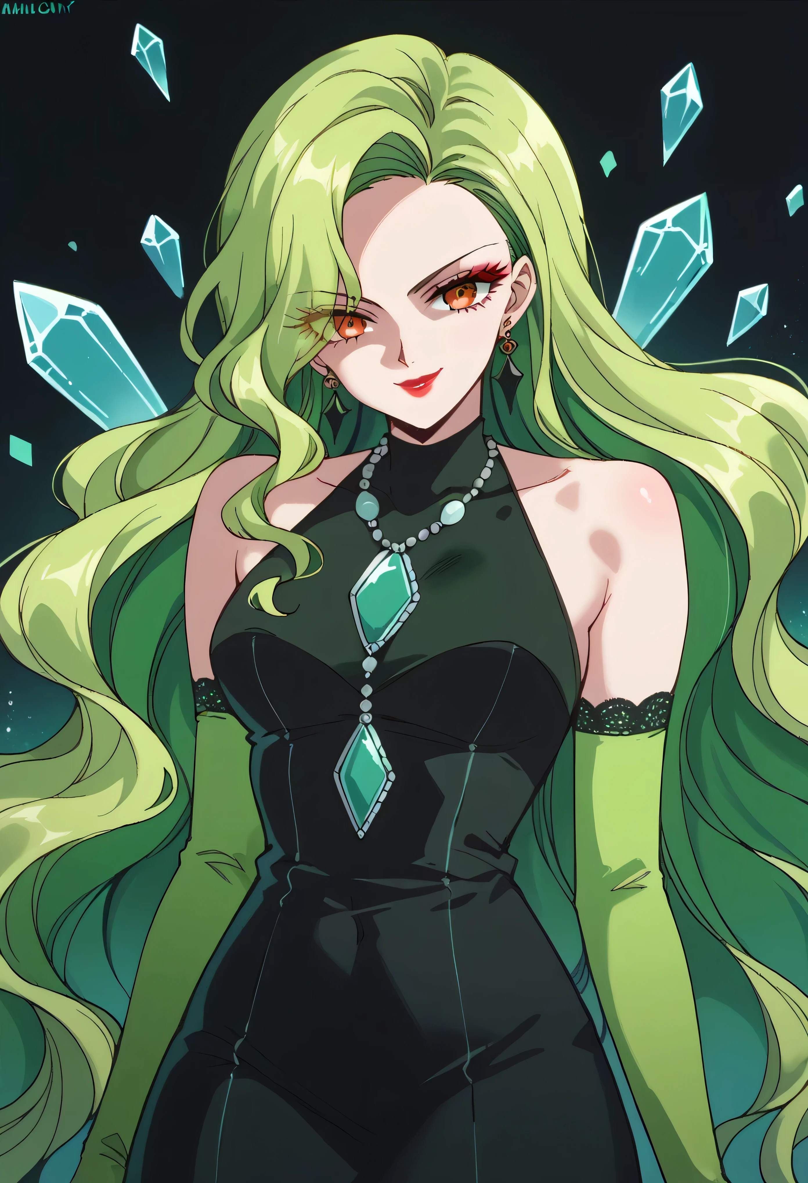 1 girl, cute face, green hair, very long hair, wavy hair, alone, gloves, red lipstick, makeup, elbow-length gloves, eye shadow, bare shoulders, black dress, gem necklace,black crystal earrings, black mist background,very evil smirk,Shaded face(eyes in shadow)