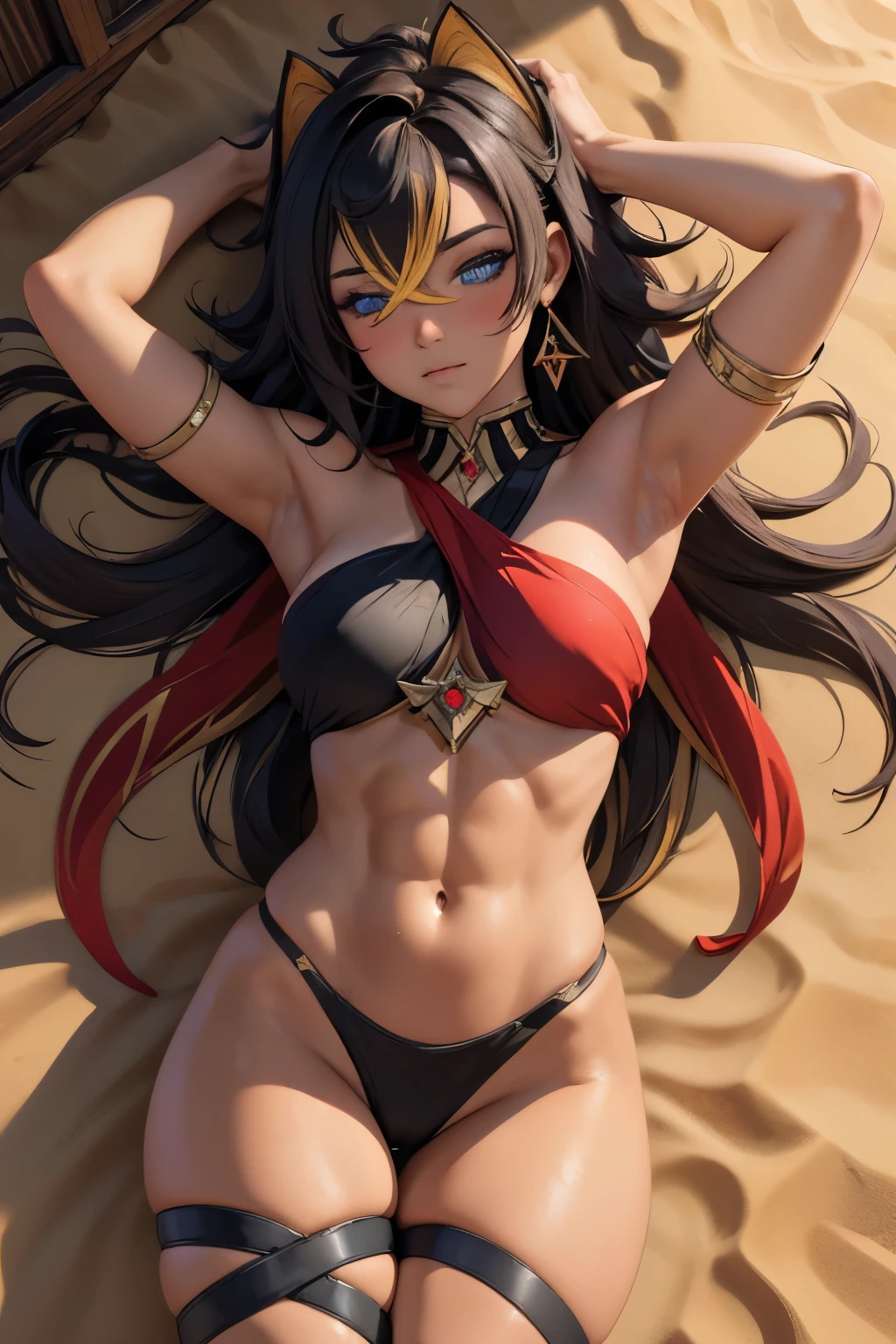 High quality shy and timid,(photo quality) masterpiece, 4k high res, shy pose, teasing, blushing, thigh, looking at viewer ,, armpit , sleeping, from above, dehya, dehya from genshin impact , (((open leg))) tan skin, abs, muscle , sleeping, from above ,desert