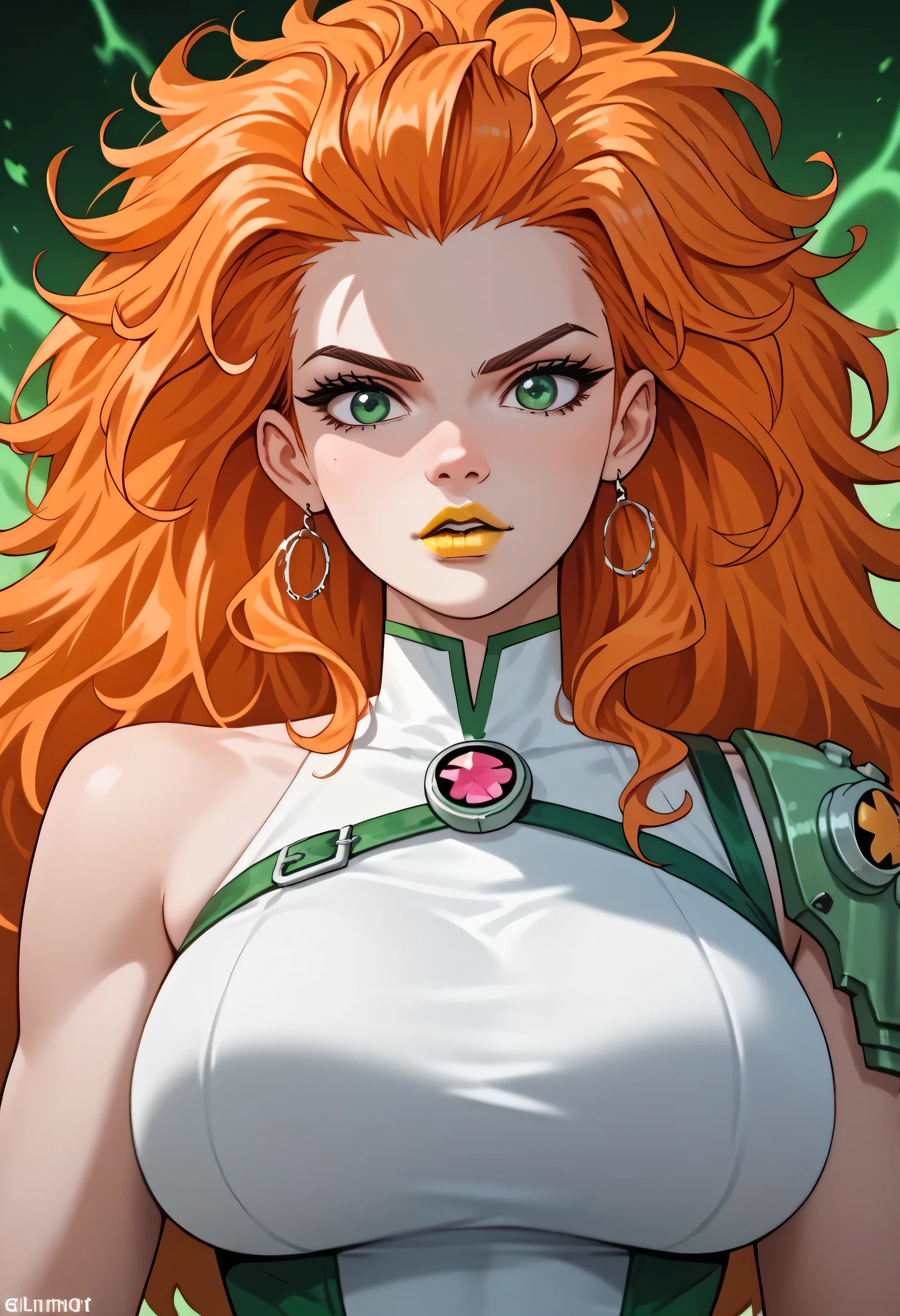 woman, big breasts, yellow lipstick, anime style, orange hair, beast, strong, white skin, loose hair, spiky hair, long hair, green eyes, wild, fierce, Wildmutt, Vulpimancer