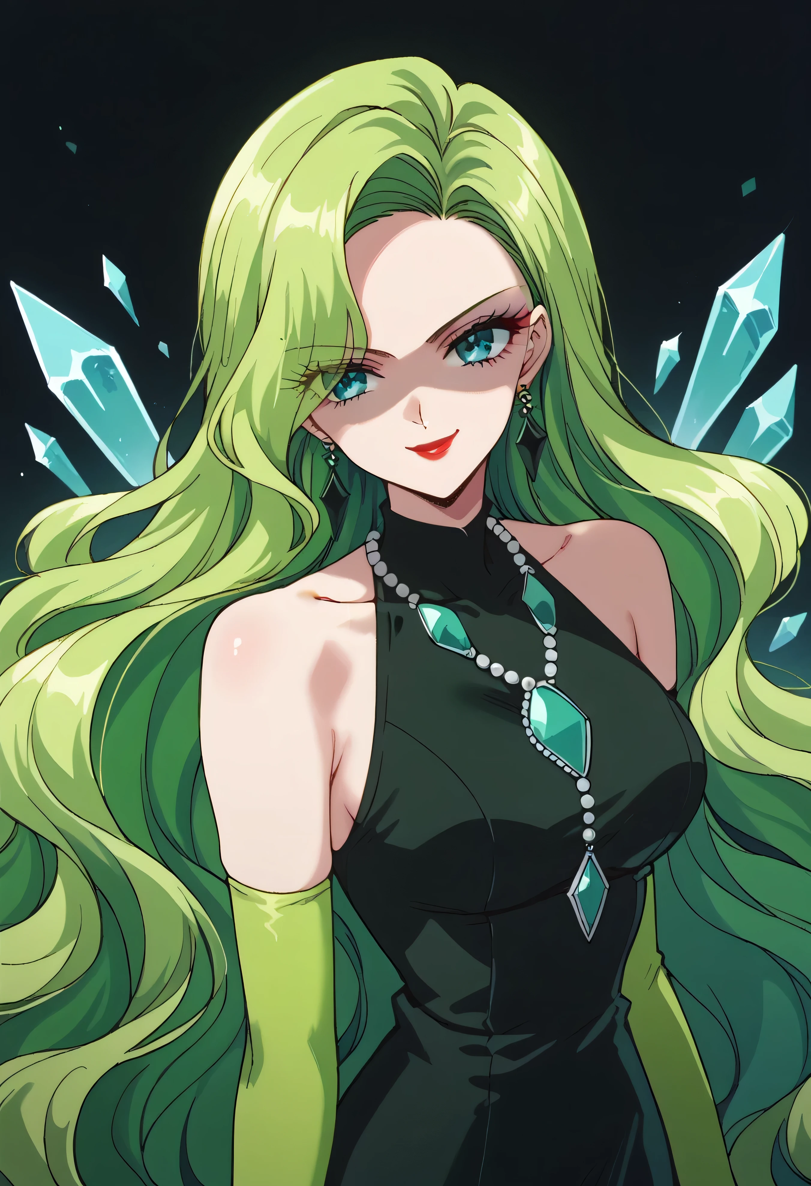 1 girl, cute face, green hair, very long hair, wavy hair, alone, gloves, red lipstick, makeup, elbow-length gloves, eye shadow, bare shoulders, black dress, gem necklace,black crystal earrings, black mist background,very evil smirk,Shaded face(eyes in shadow)