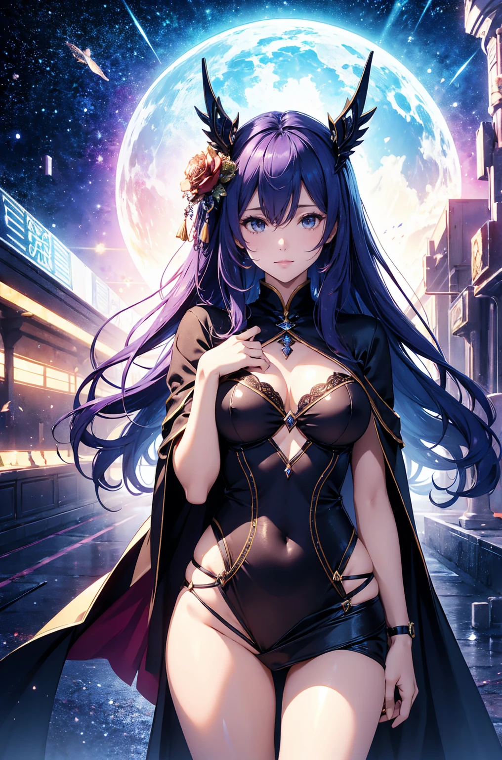 Best Quality, (masutepiece:1.2), Highly detailed,Fate/Stay in the background, Night, Cityscape, city, Moon, Blue theme,Medusa_nffsw,1girl in, Solo, jack-o pose, Looking at the viewer, open mouth,absurdly long hair, Purple hair, Floating hair,Dress, Short dress, thighs thighs thighs thighs, Strapless, Detached sleeves, forehead mark, Choker, cleavage、Naughty big、large full breasts、
