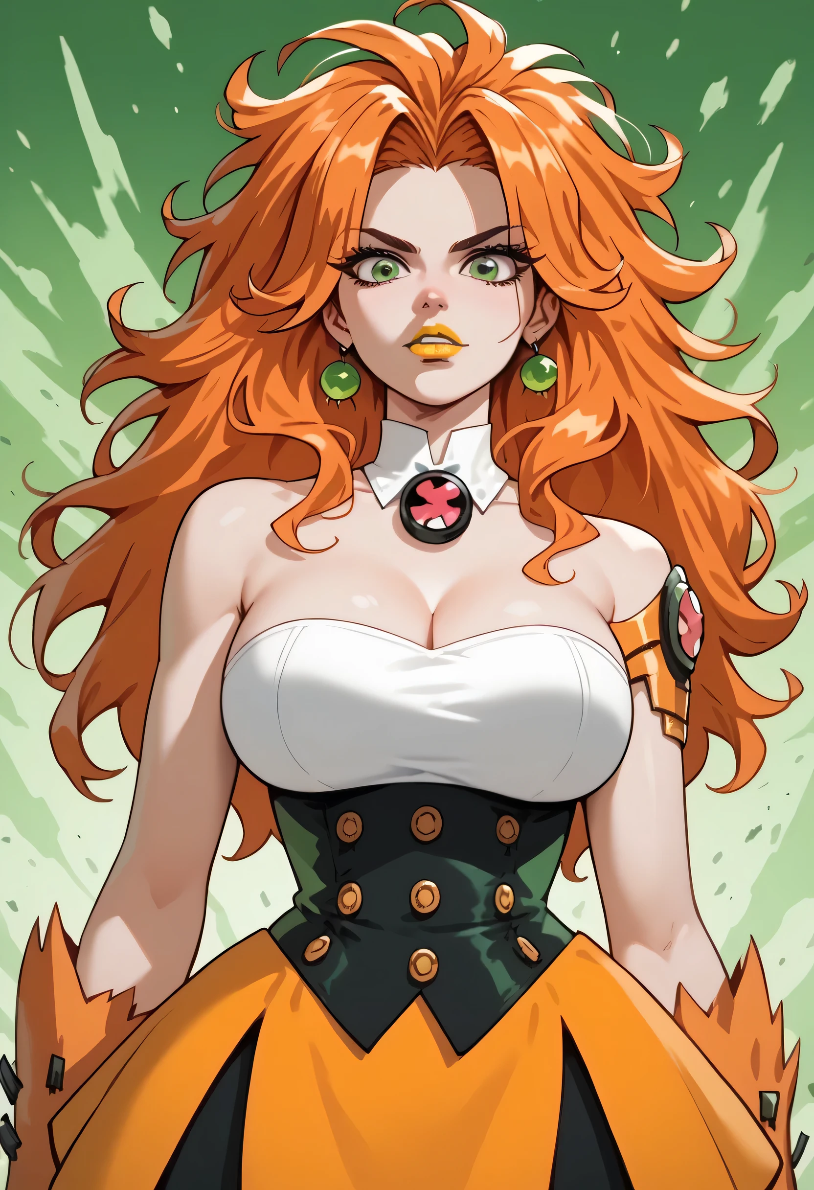 woman, big breasts, yellow lipstick, anime style, orange hair, beast, strong, white skin, loose hair, spiky hair, long hair, green eyes, wild, fierce, Wildmutt, Vulpimancer 