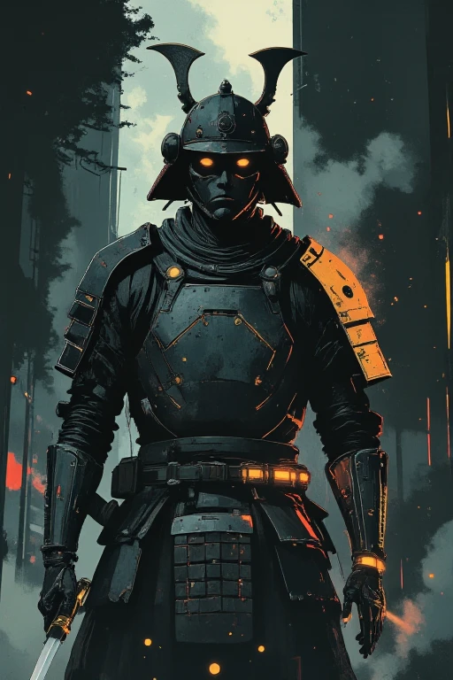 The image is a close-up of a dark and eerie scene with an off-center composition and wide-angle perspective. The focal point is a samurai, standing directly in front of the viewer. His armor is a unique blend of traditional samurai aesthetics and futuristic elements, featuring dark metallic tones with glowing accents that create an ethereal, haunting glow. The intricate designs of his armor showcase a battle-worn and resilient warrior, with the glowing details subtly illuminating his form.

His face is partially obscured by a high-tech helmet that merges ancient samurai craftsmanship with futuristic technology, giving him an enigmatic, otherworldly presence. The samurai’s gaze is direct and intense, despite his face being hidden, conveying a sense of quiet strength and contemplation.

He holds a katana, the blade faintly glowing with an eerie energy, standing firm with the sword resting at his side. The pose exudes power and readiness, as if he’s prepared for battle or waiting for something.

The background is dark and melancholic, with a faint beam of light piercing through the mist, casting a soft glow on the samurai’s figure. The atmosphere is eerie and dramatic, with the lighting accentuating the reflections on his armor and sword. The scene feels cinematic, evoking a sense of honor, mystery, and quiet intensity.

The artwork follows an anime-inspired style with dark and dim lighting, influenced by the works of Makoto Shinkai and the eerie illustrations of John Kenn Mortensen. The composition is highly detailed and vibrant, blending dark, whimsical elements with fantasy-driven, eerie designs. The samurai’s appearance embodies a fusion of ancient traditions and futuristic sci-fi, creating a mystical and captivating presence