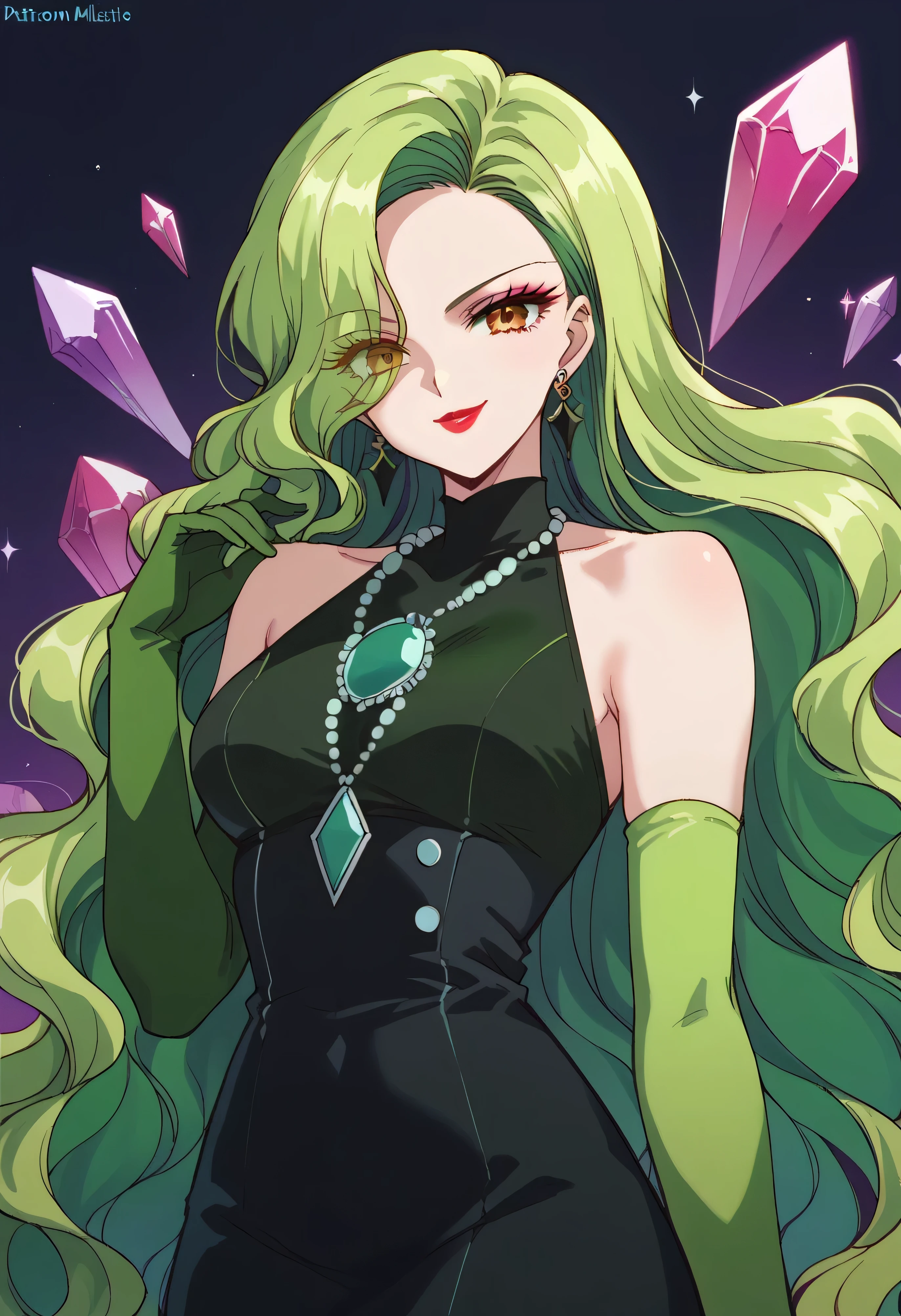 1 girl, cute face, green hair, very long hair, wavy hair, alone, gloves, red lipstick, makeup, elbow-length gloves, eye shadow, bare shoulders, black dress, gem necklace,purple crystal earrings, black mist background,very evil smirk,Shaded face(eyes in shadow)