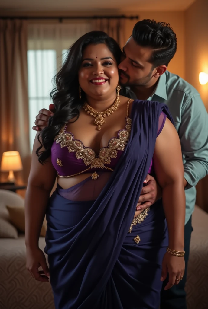 A radiant, full-figured South Indian 25 year old girl wearing a black saree tenderly hugging and kissing a jubilant 35-year-old man while laying on bed, captured in a full-body image with vibrant hues and meticulous details. Full body image