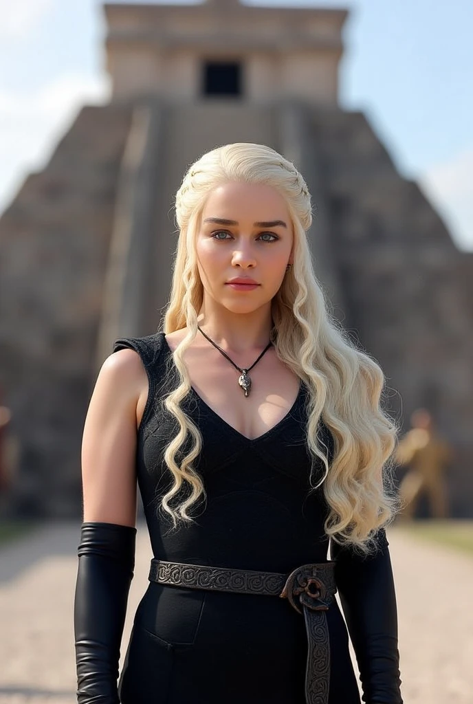 Daenerys Targaryen,black midriff summer dress,black gloves,in the square in front of a Mayan temple,potrait