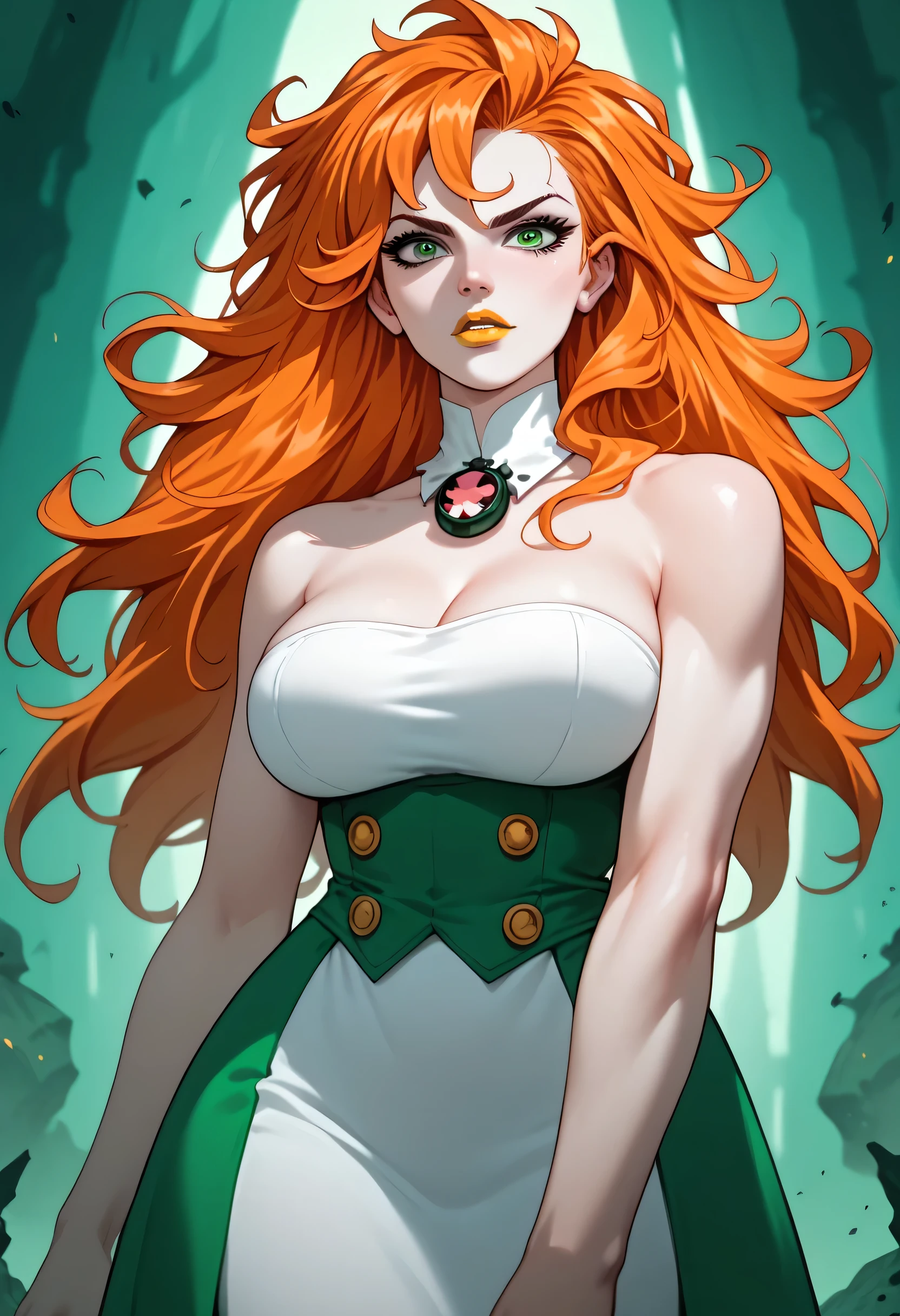 woman, big breasts, yellow lipstick, anime style, orange hair, beast, strong, white skin, loose hair, spiky hair, long hair, green eyes, wild, fierce, Wildmutt, Vulpimancer 