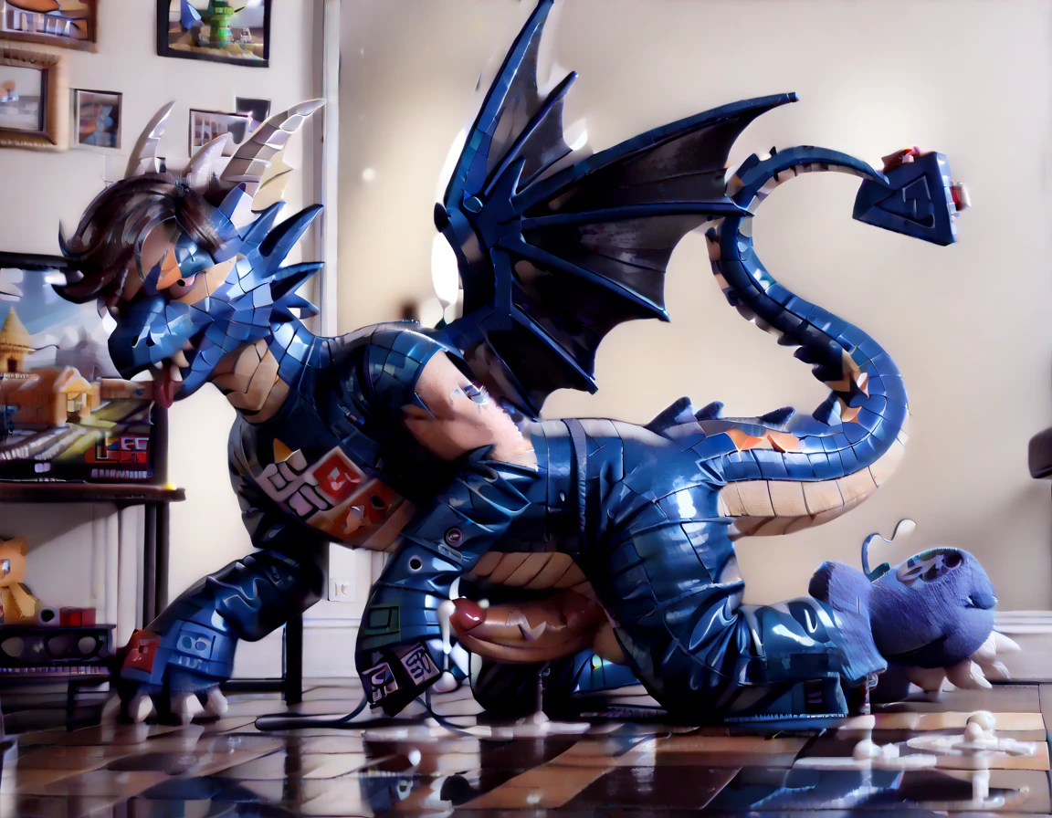 (8k ultra high definition), masterpiece, (photorealistic), (adult human man morphing and shrinking into an empty winged black and blue living lego dragon latex fursuit:2), (mid transformation photo:1.8), (collapsing flat onto floor inside erotic Legoland dragon lair scene:1.6), (he shrinks out of his baggy and ridiculously oversized shirt and jeans:1.2), (a costume zipper appears on his chest:1.15), (human empty lego dragon living latex fursuit hybrid:1.2), (partially human:1.3), shrinking and flattening, (award winning photography1.2), (an expression of fear and terror on his face as he flattens and transforms into an empty black and blue winged latex lego dragon costume:1.3), (nsfw, penis erection, cum:1.5)