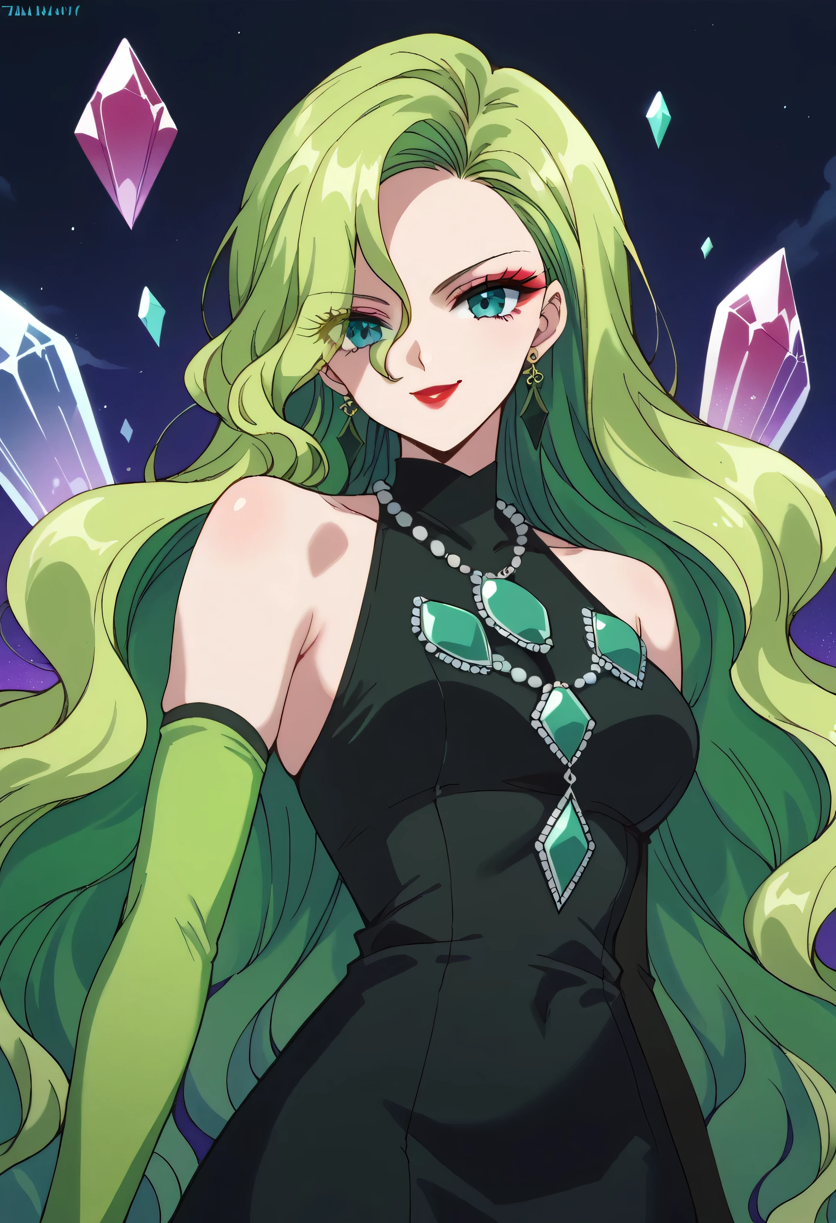 1 girl, cute face, green hair, very long hair, wavy hair, alone, gloves, red lipstick, makeup, elbow-length gloves, eye shadow, bare shoulders, black dress, gem necklace,purple crystal earrings, black mist background,very evil smirk,Shaded face(eyes in shadow)