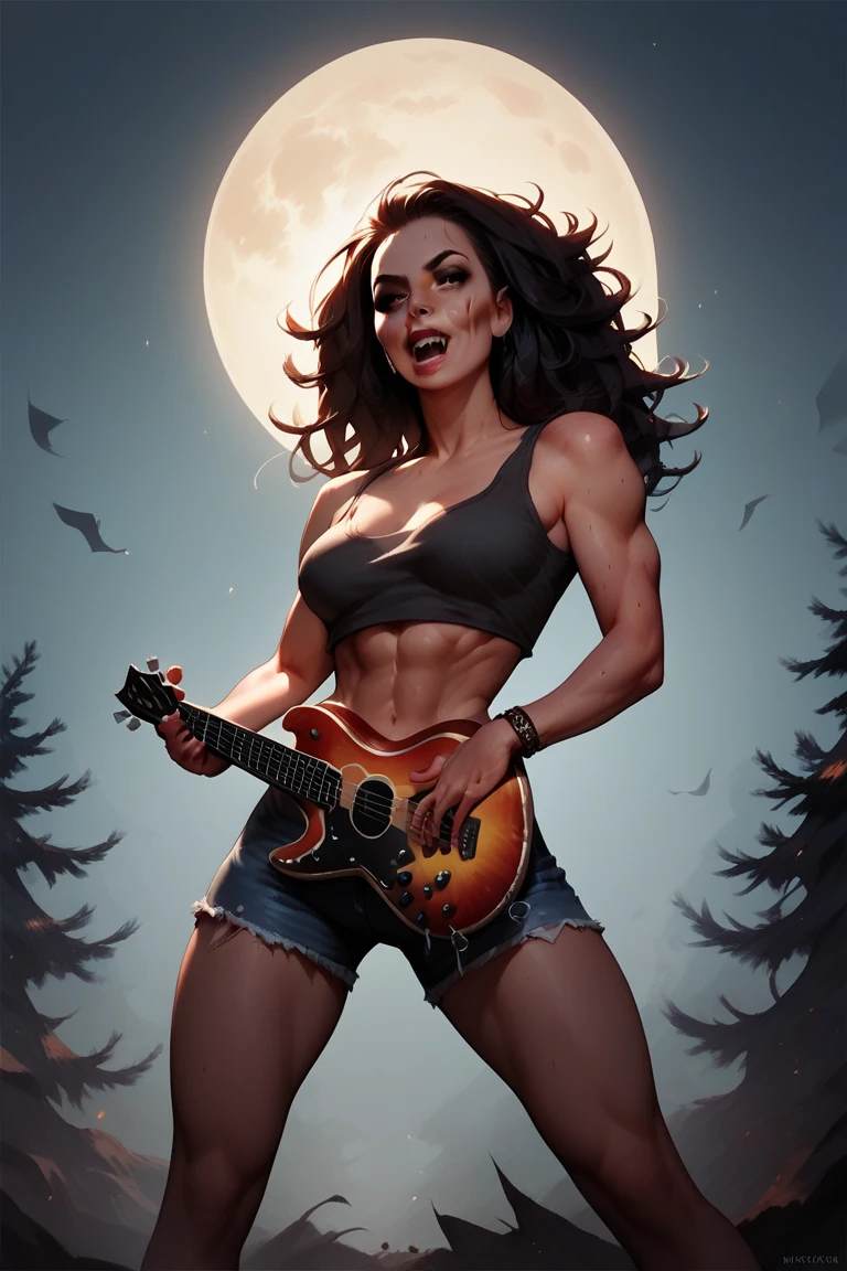 As a sexy heavy metal rock singer is playing a guitar solo on an outdoor stage under the full moon, she is being transformed into a werewolf.