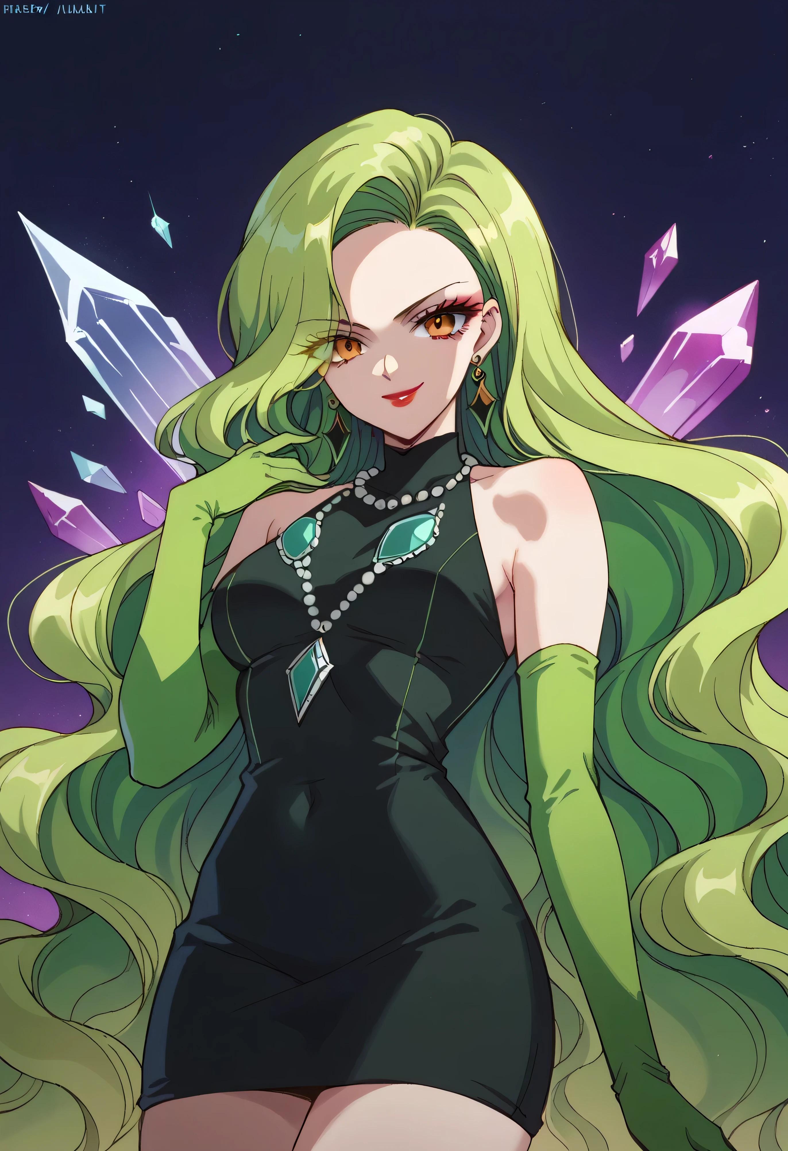 1 girl, cute face, green hair, very long hair, wavy hair, alone, gloves, red lipstick, makeup, elbow-length gloves, eye shadow, bare shoulders, black dress, gem necklace,purple crystal earrings, black mist background,very evil smirk,Shaded face(eyes in shadow)