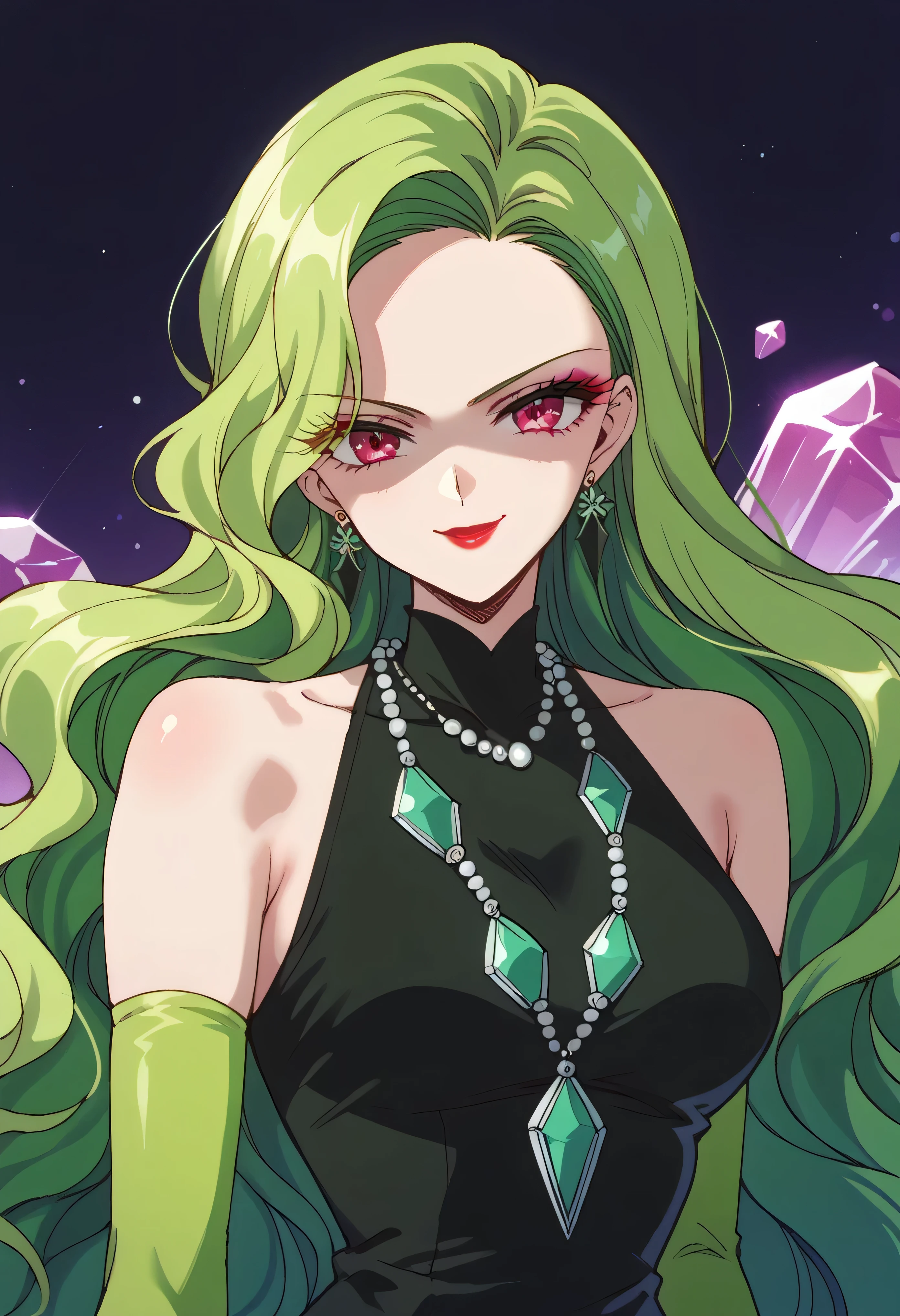 1 girl, cute face, green hair, very long hair, wavy hair, alone, gloves, red lipstick, makeup, elbow-length gloves, eye shadow, bare shoulders, black dress, gem necklace,purple crystal earrings, black mist background,very evil smirk,Shaded face(eyes in shadow)