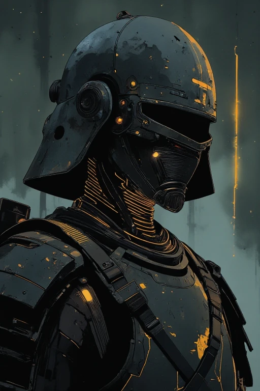 The image is a close-up of a dark and eerie scene with an off-center composition and wide-angle perspective, focusing solely on the samurai's head, neck, and torso. The samurai’s armor blends traditional aesthetics with futuristic elements. His neck is adorned with intricate, glowing armor plating, the dark metallic tones punctuated by glowing accents that give an ethereal light to his figure. The armor is battle-worn, with visible scratches and dents that speak to his experience as a warrior.

His face is mostly obscured by a sleek, high-tech helmet, designed to resemble traditional samurai armor but with a modern, futuristic twist. The helmet has subtle glowing lines that highlight its contours, giving it an almost otherworldly, mystical presence. His gaze is intense, even though his eyes are not visible, as if he is looking directly at the viewer with quiet strength and determination.

A fabric hood partially covers his head, enhancing the enigmatic and mysterious aura around him. The samurai's neck and shoulder armor fit perfectly with the rest of his attire, radiating a sense of ancient honor intertwined with futuristic technology. The upper part of his katana’s hilt can be seen, resting against the side of his body, faintly glowing, as if it carries some sort of mystical energy.

The background remains dark and melancholic, with a faint beam of light cutting through the mist, illuminating the samurai’s upper body and creating dramatic shadows. The eerie atmosphere is accentuated by the reflections on his armor and the subtle details in his attire. The scene feels cinematic, evoking quiet intensity, honor, and a blend of ancient tradition with futuristic sci-fi.

The artwork follows an anime-inspired style with dark and dim lighting, influenced by the works of Makoto Shinkai and eerie, atmospheric illustrations of John Kenn Mortensen. The composition is highly detailed and vibrant, blending dark, whimsical elements with fantasy-driven, eerie designs. The samura